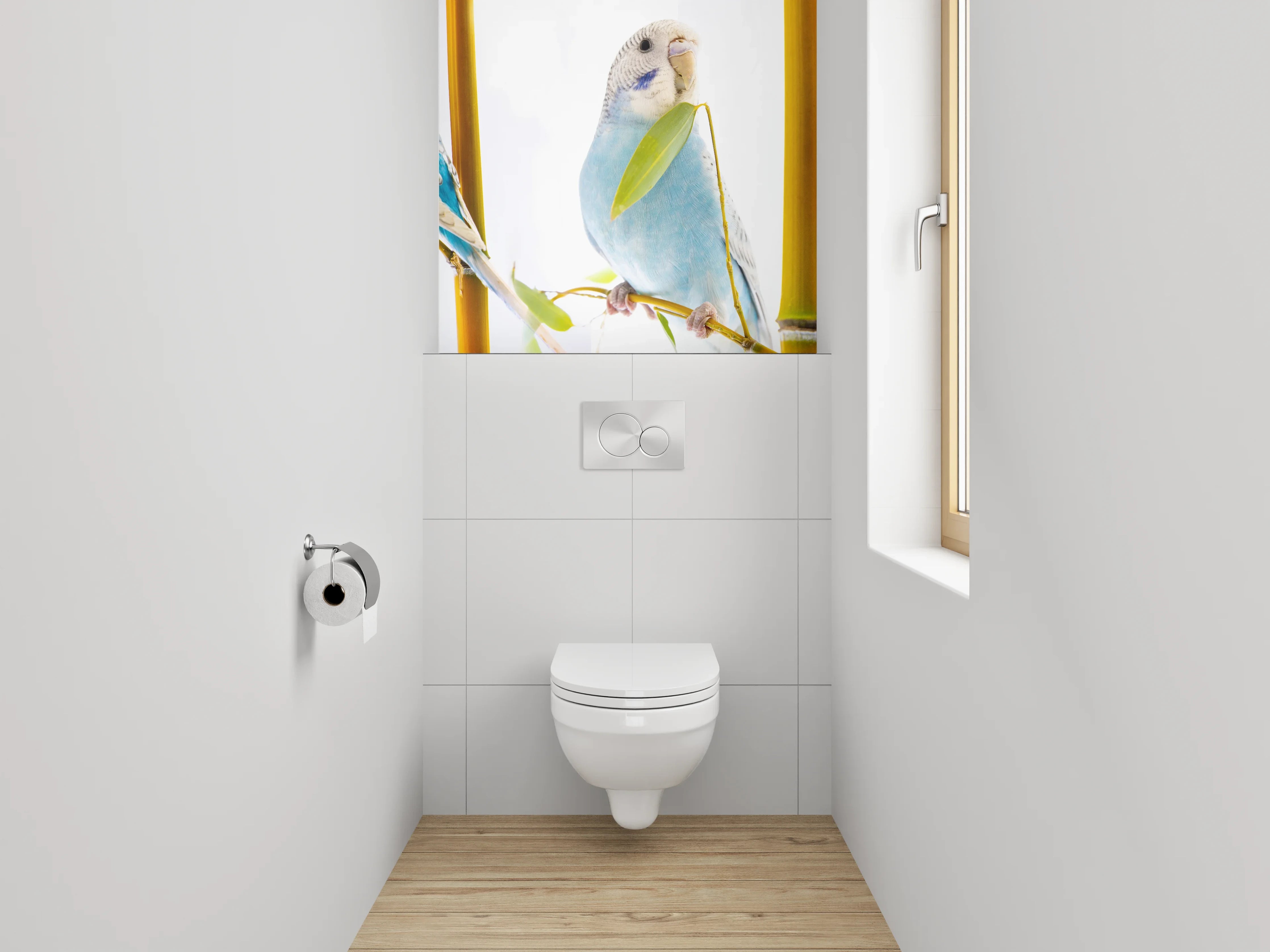 WC-Rückwand - Blaue Wellensittiche auf Ast