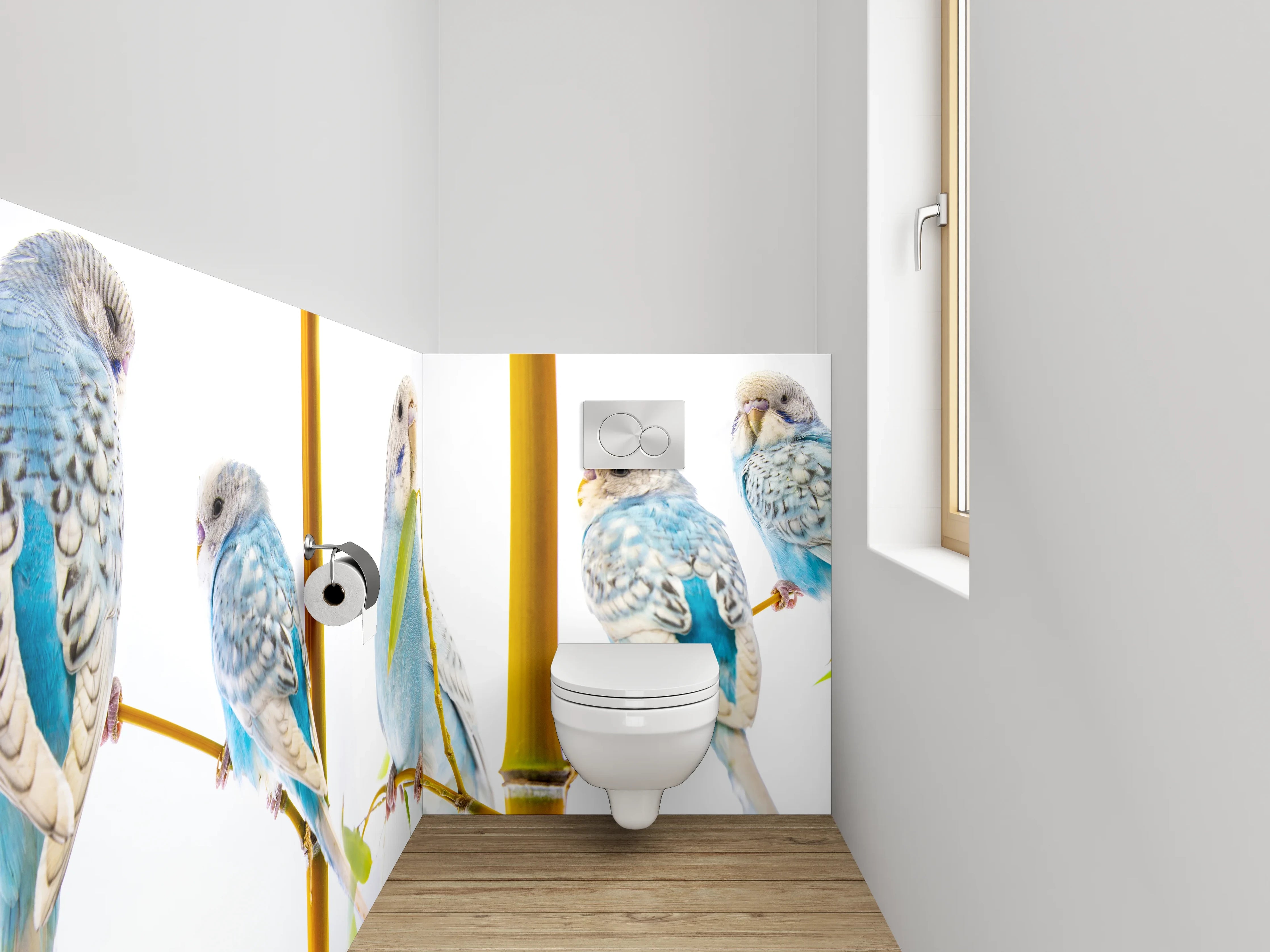 WC-Rückwand - Blaue Wellensittiche auf Ast