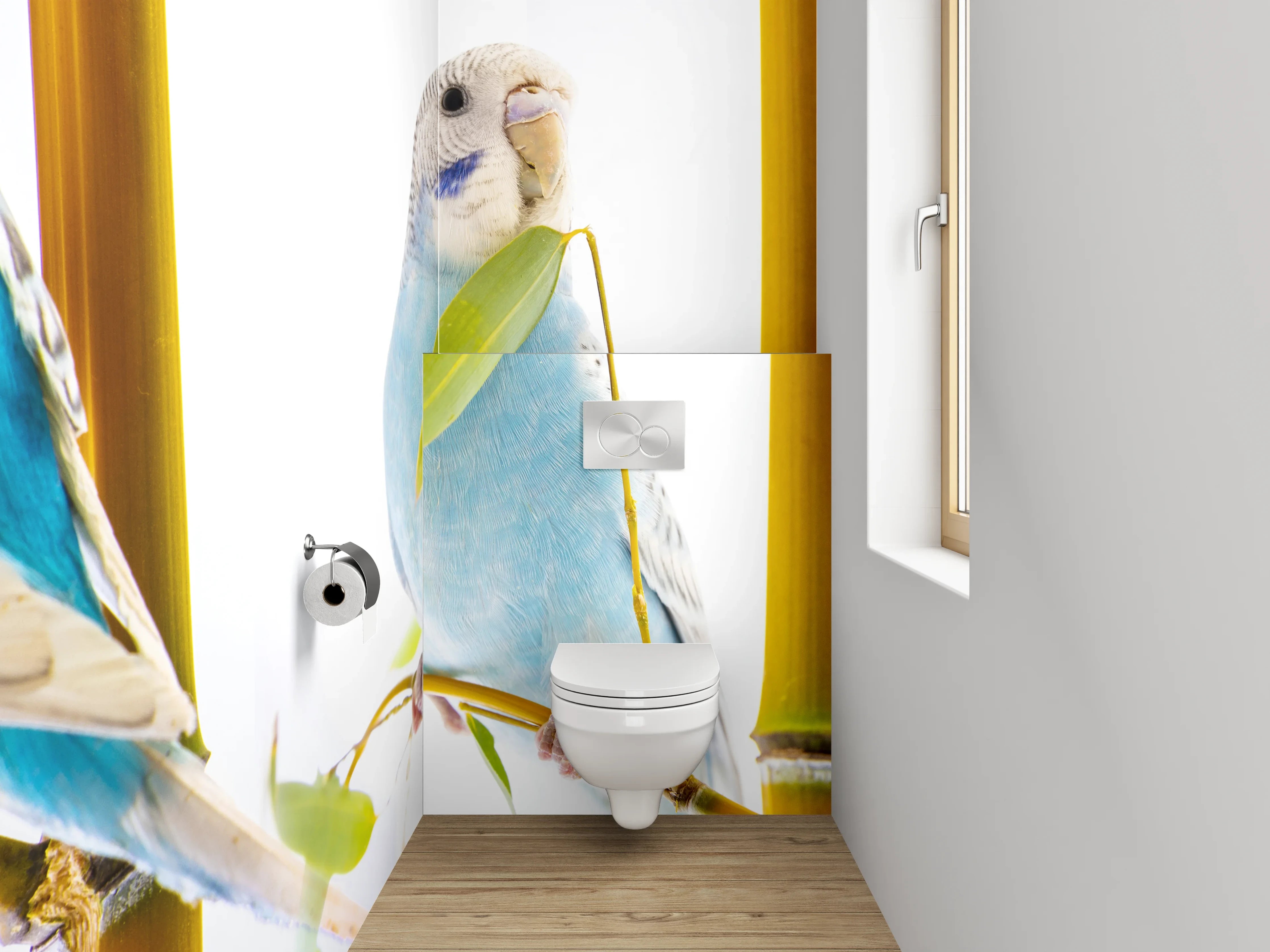 WC-Rückwand - Blaue Wellensittiche auf Ast