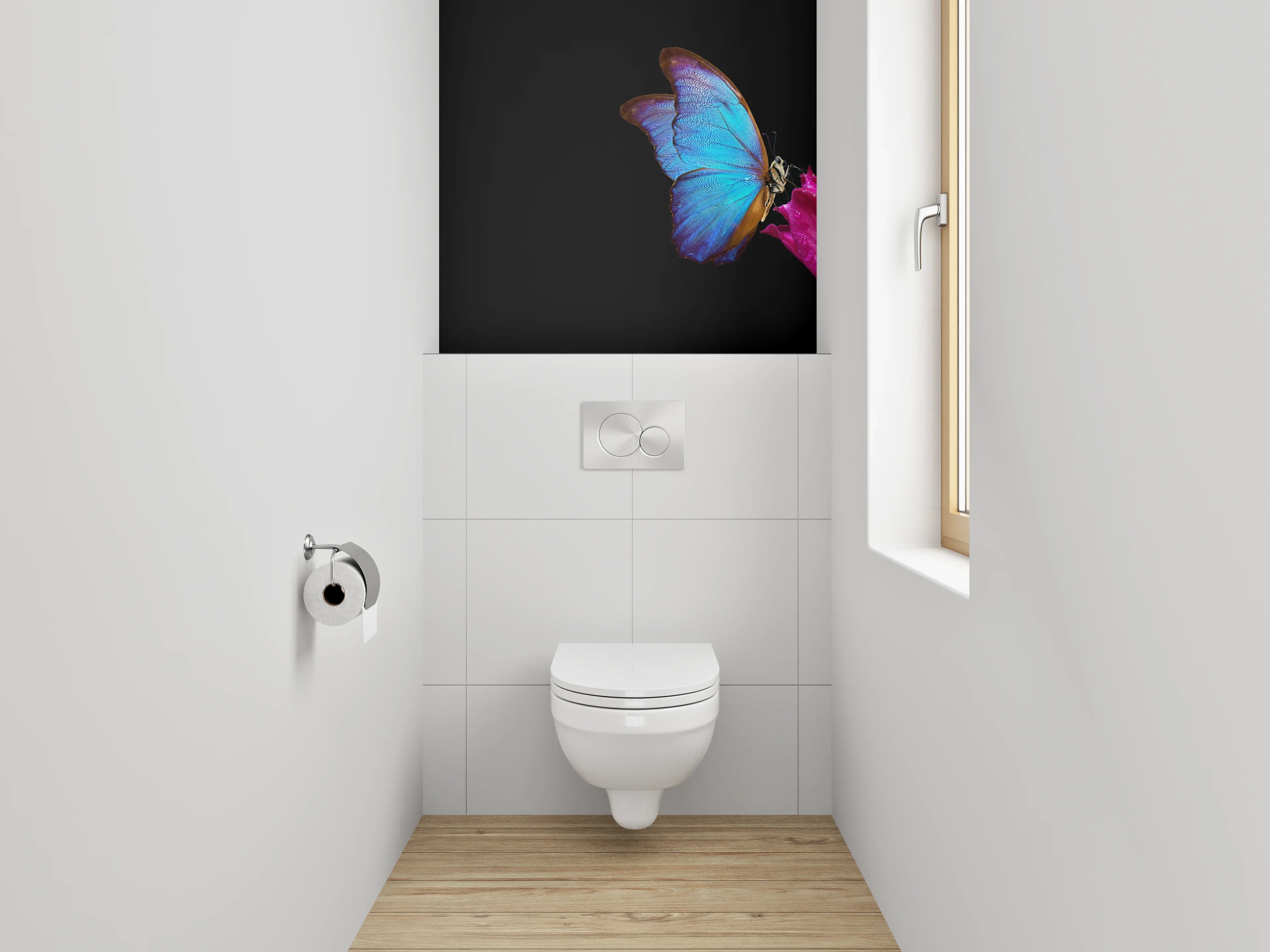 WC-Rückwand - Blauer Schmetterling auf Pinker Tulpe