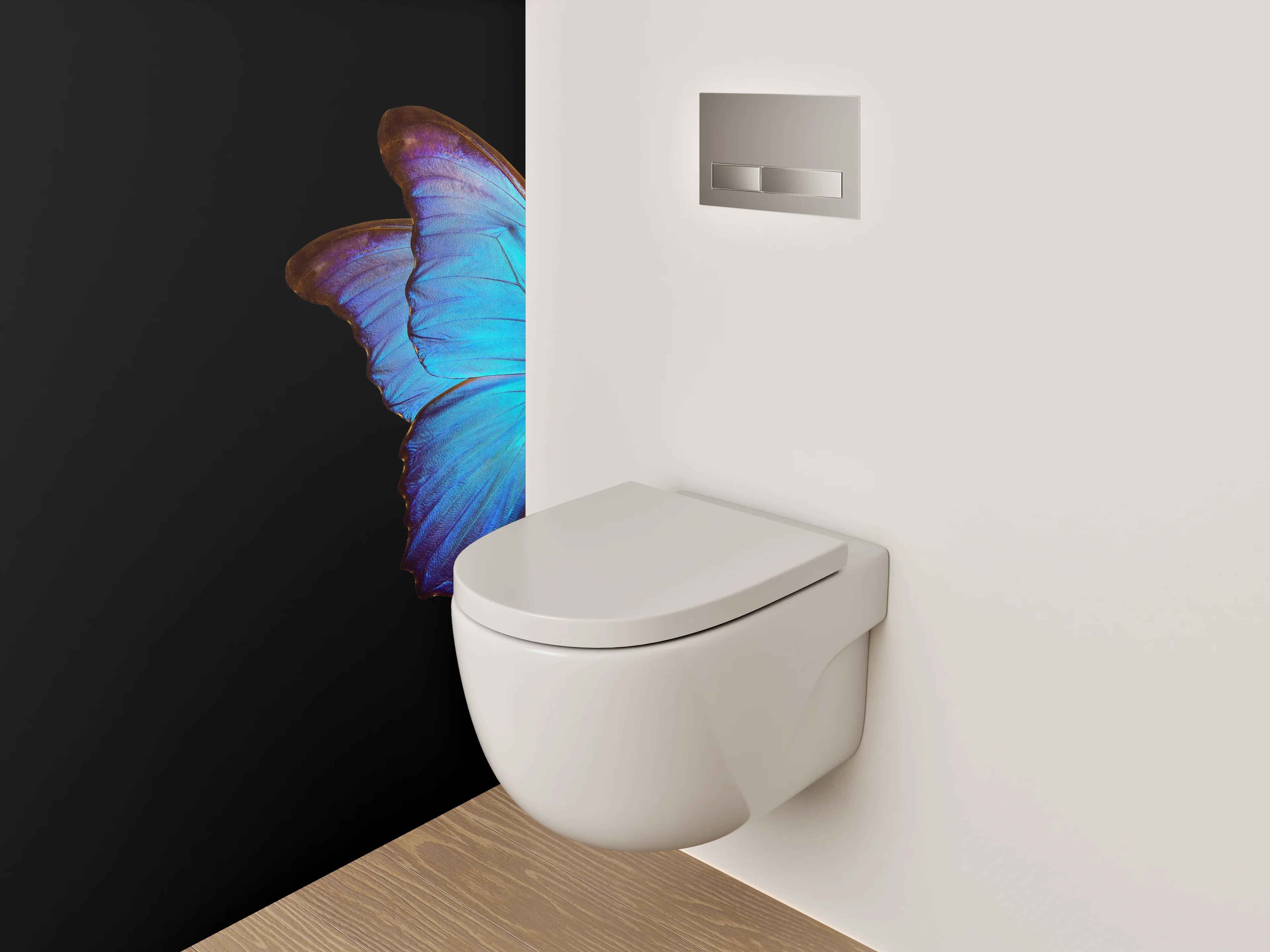 WC-Rückwand - Blauer Schmetterling auf Pinker Tulpe