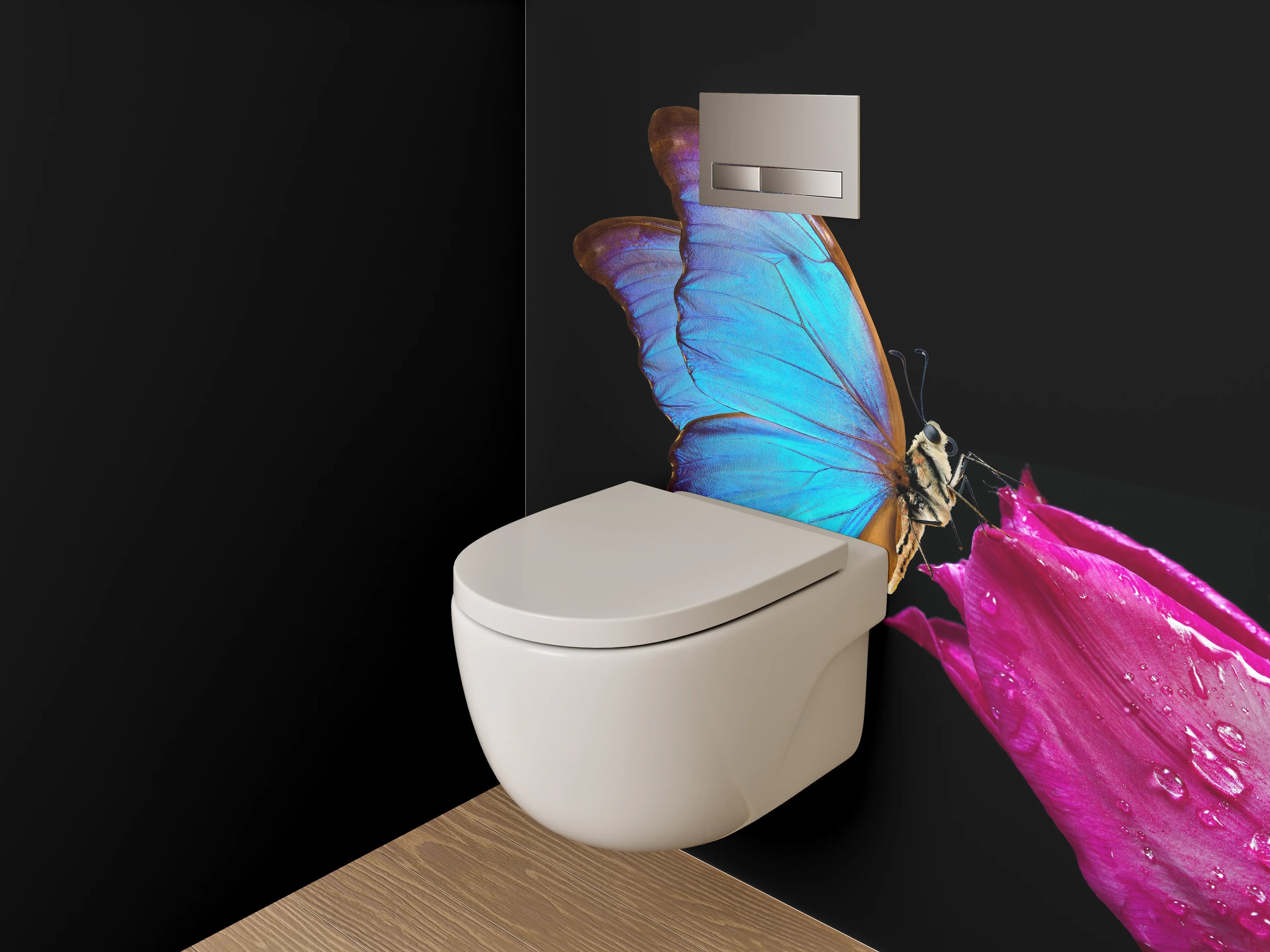 WC-Rückwand - Blauer Schmetterling auf Pinker Tulpe