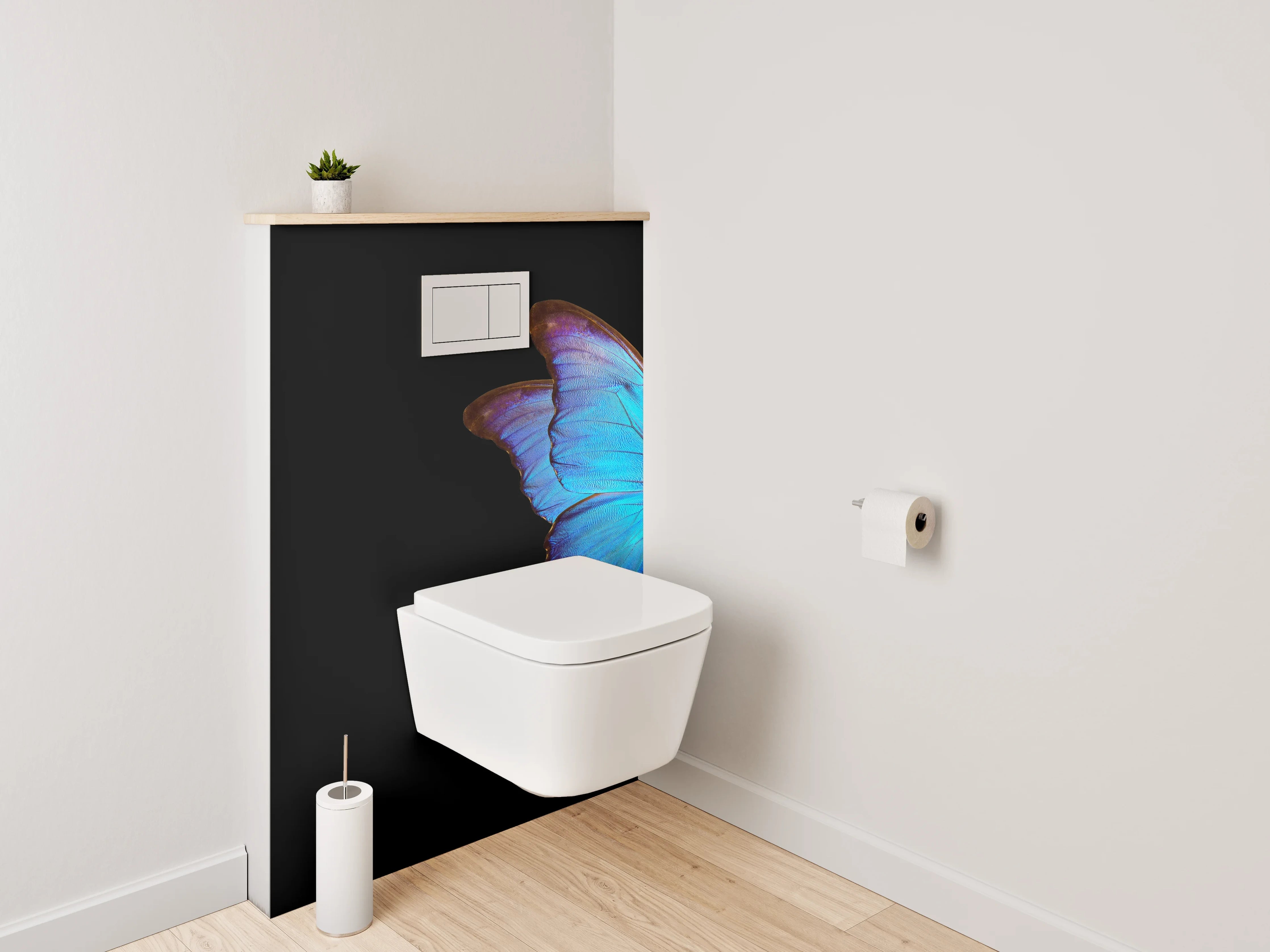 WC-Rückwand - Blauer Schmetterling auf Pinker Tulpe