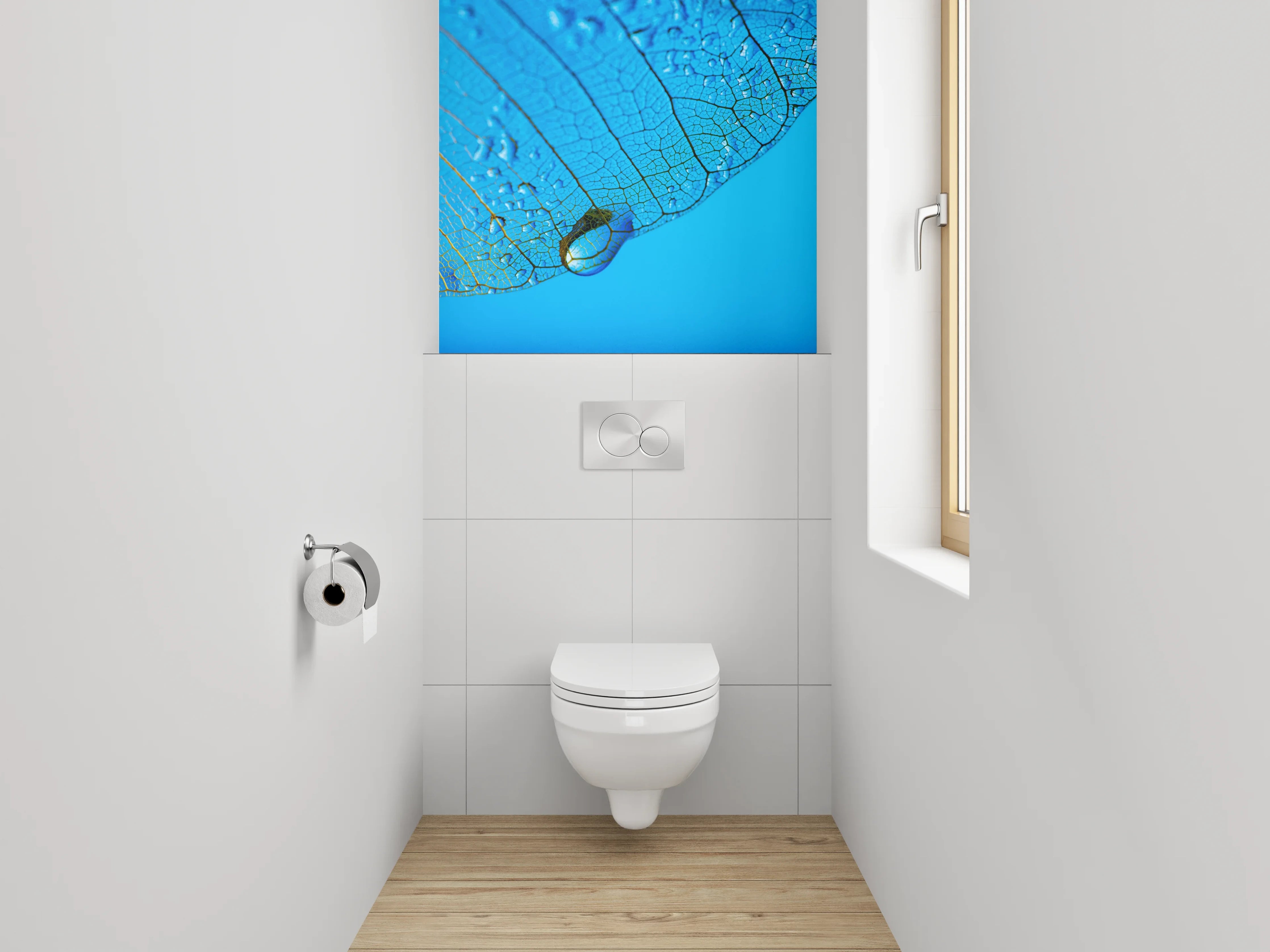 WC-Rückwand - Blaues Blatt mit Wasserperlen