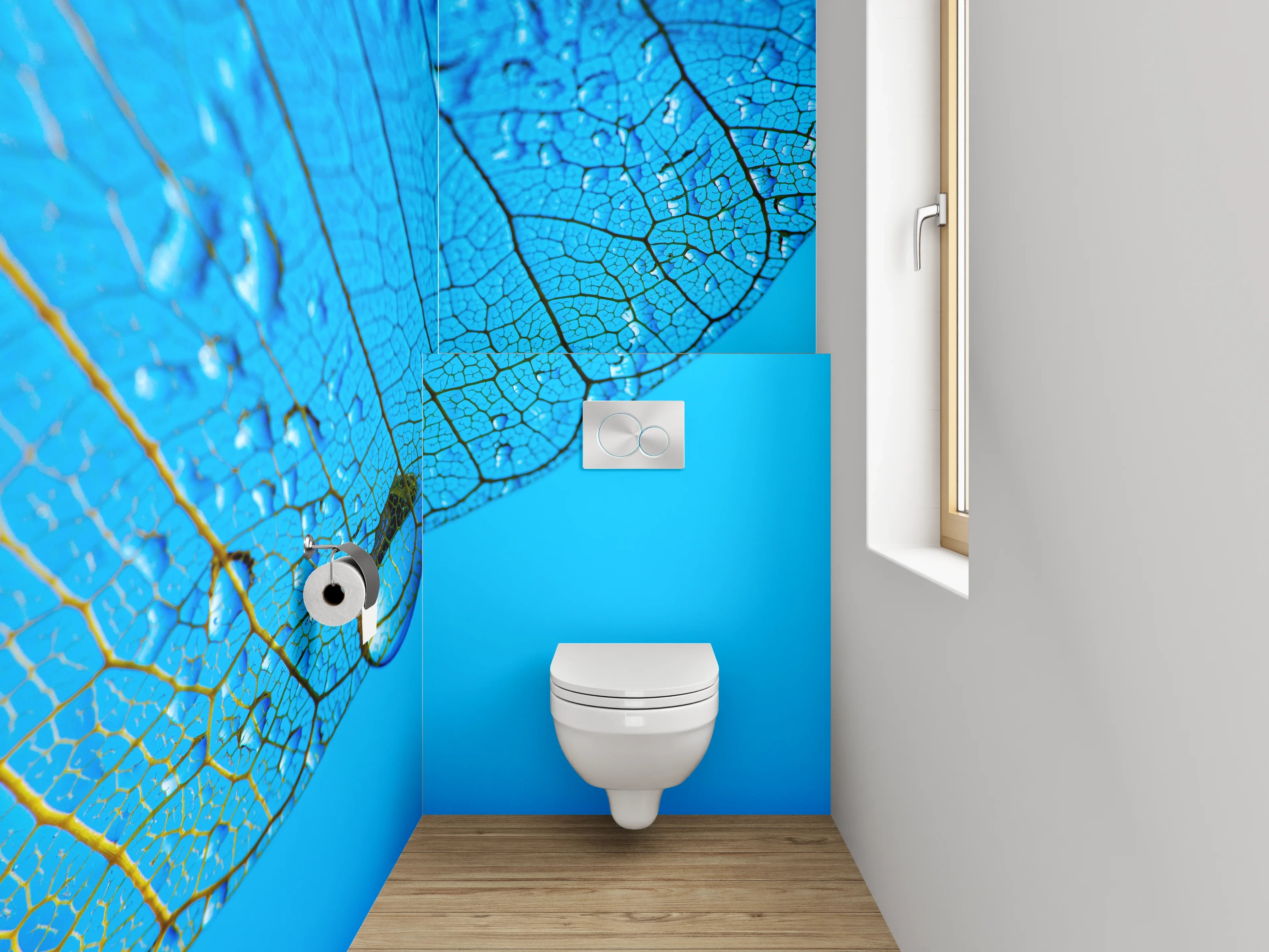 WC-Rückwand - Blaues Blatt mit Wasserperlen