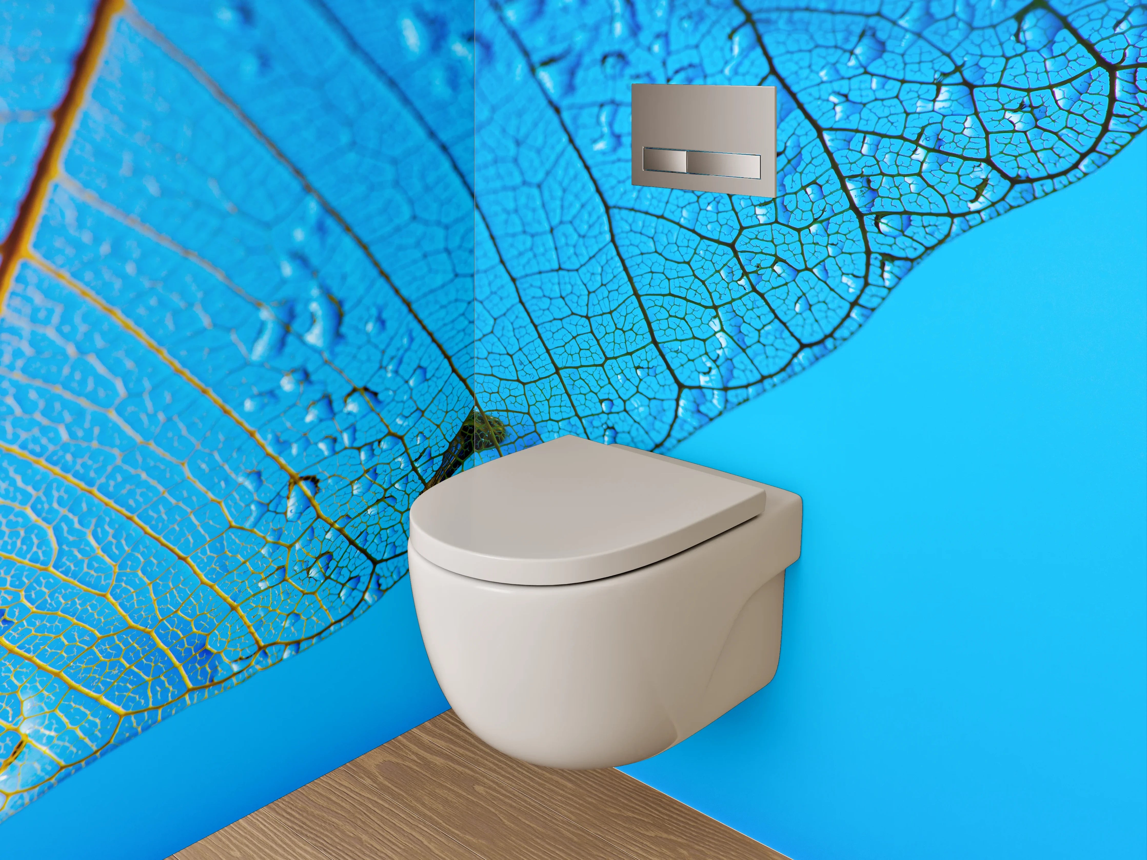 WC-Rückwand - Blaues Blatt mit Wasserperlen