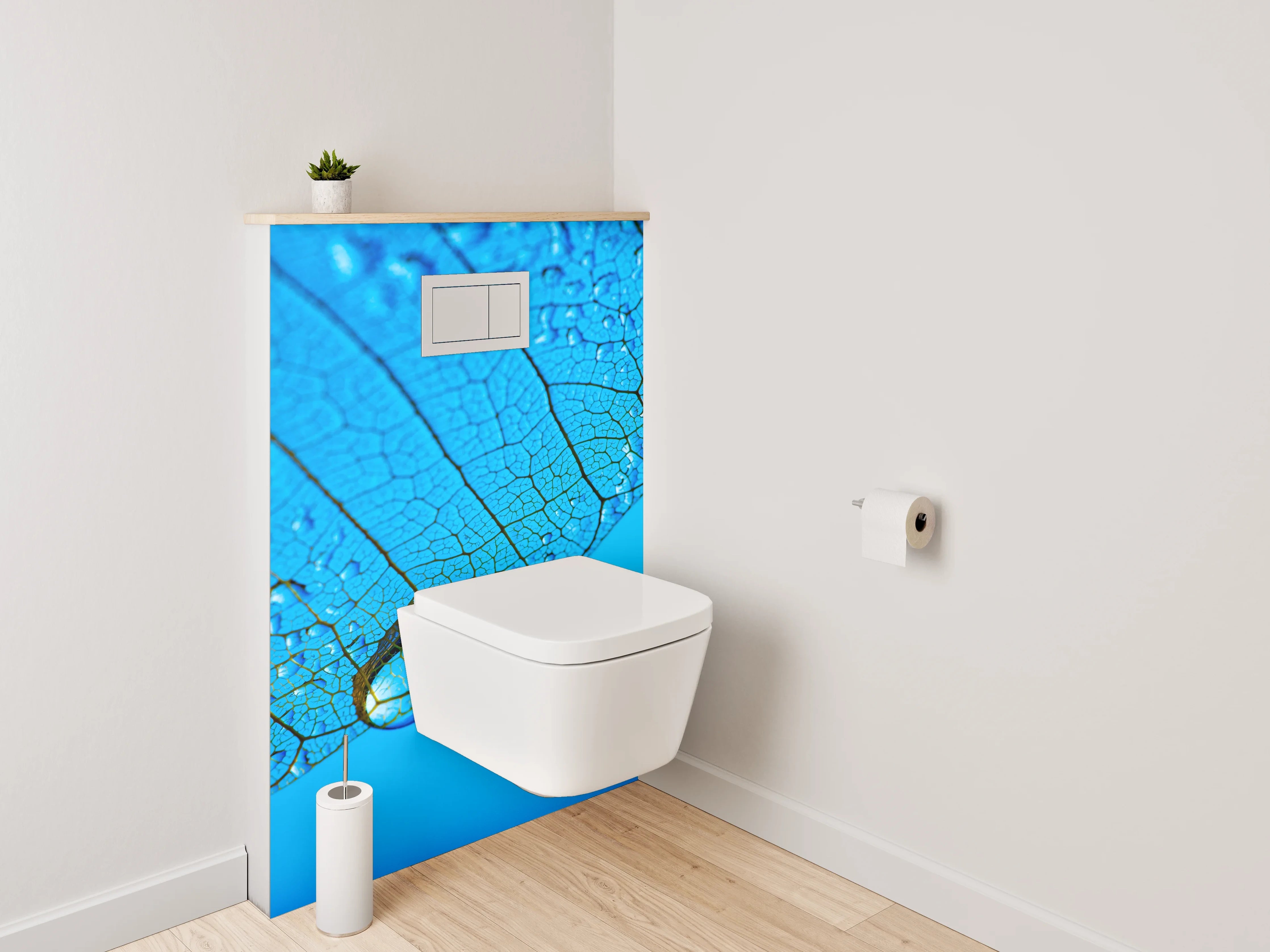 WC-Rückwand - Blaues Blatt mit Wasserperlen