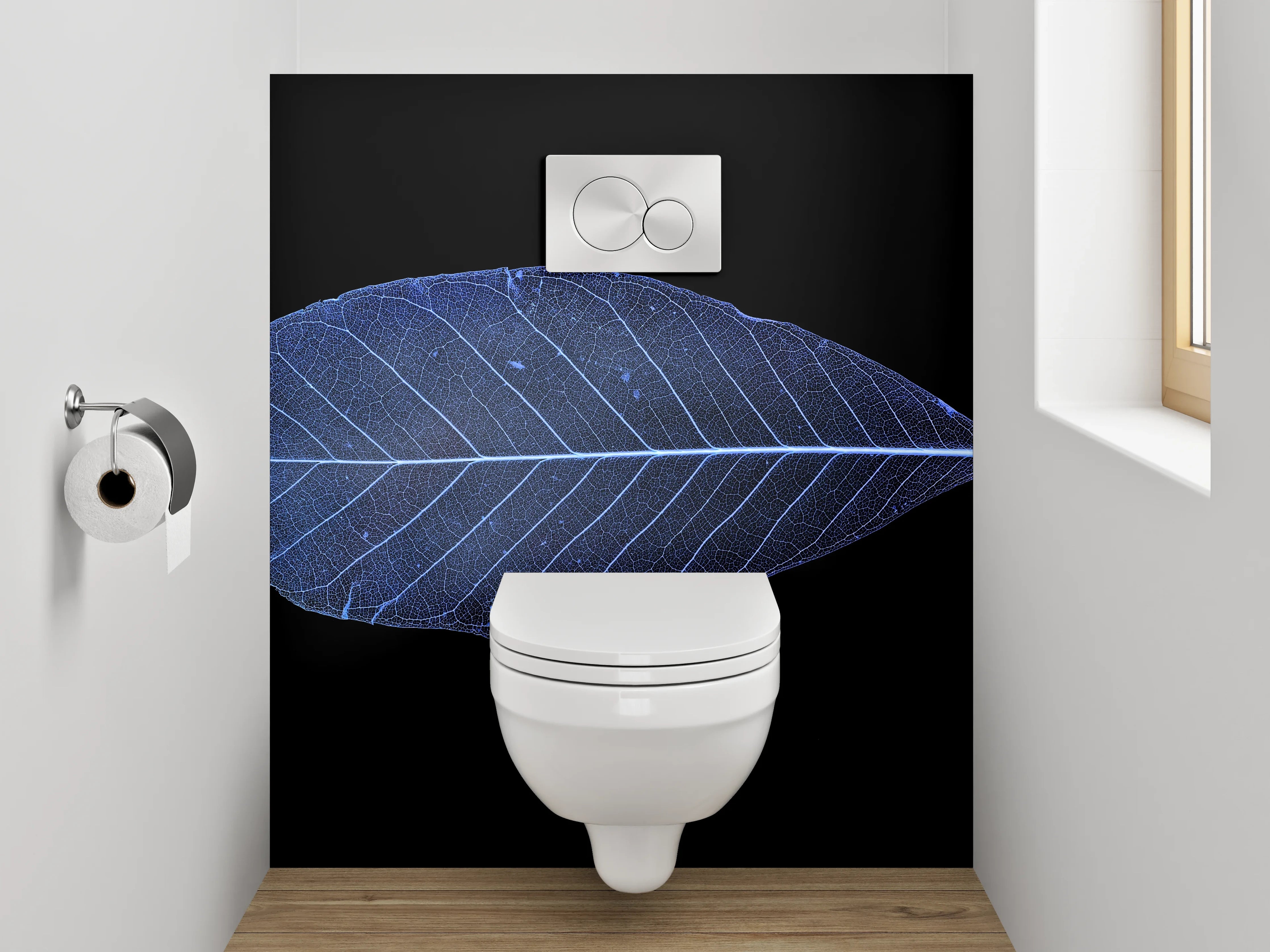 WC-Rückwand - Blaues Blatt: filigrane Pflanzenästhetik