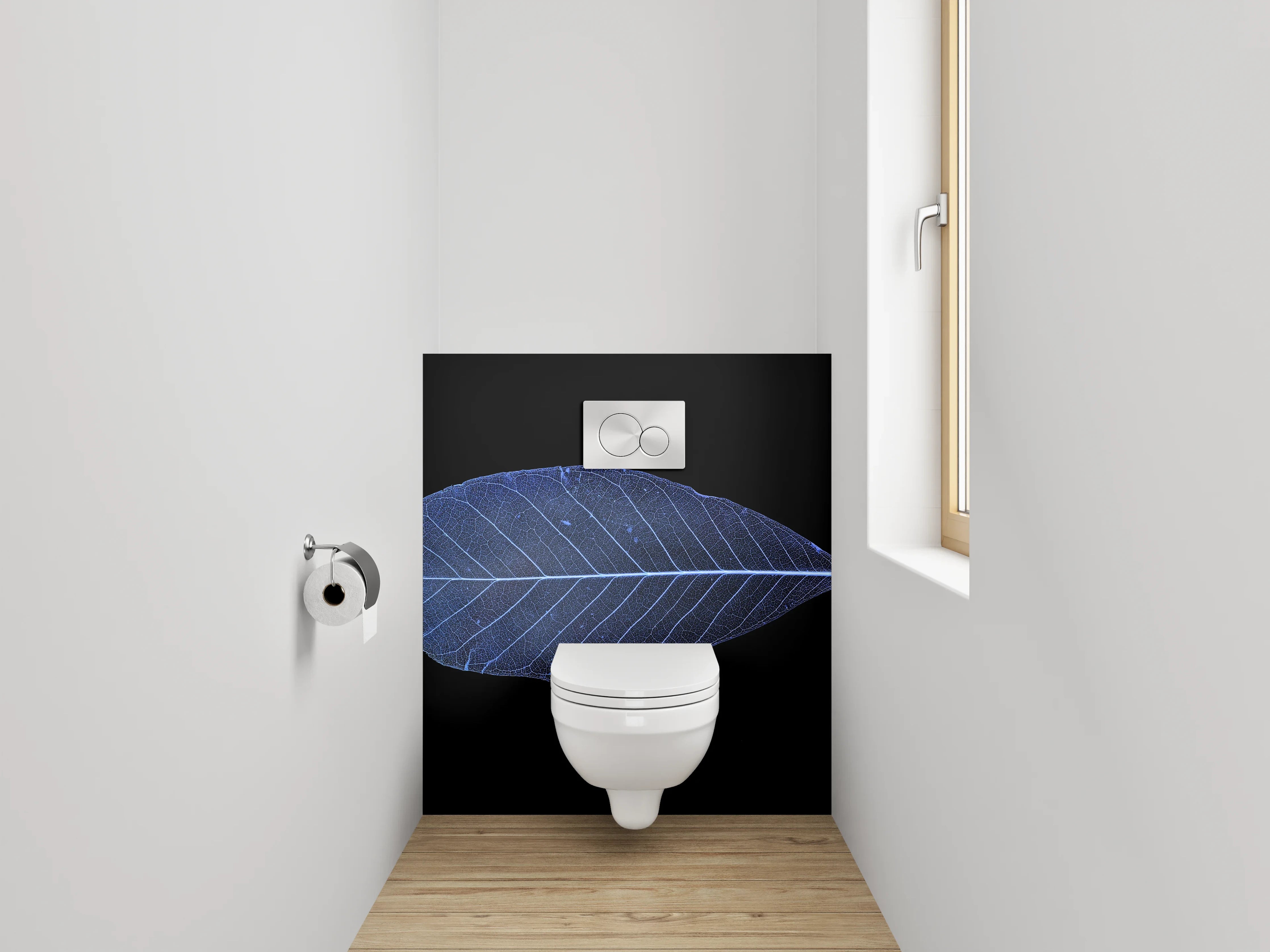WC-Rückwand - Blaues Blatt: filigrane Pflanzenästhetik