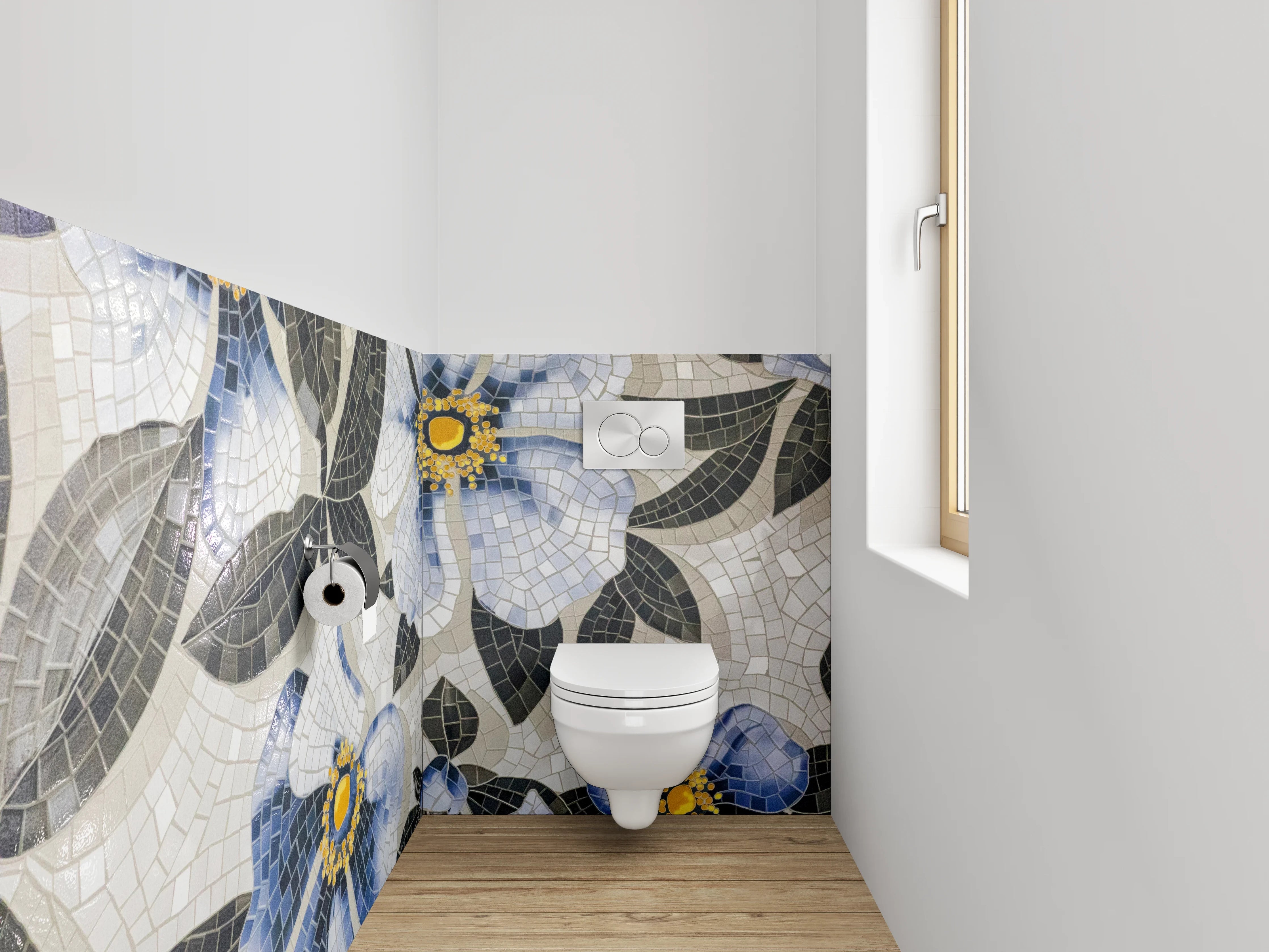WC-Rückwand - Blaues Blumen-Mosaik Muster