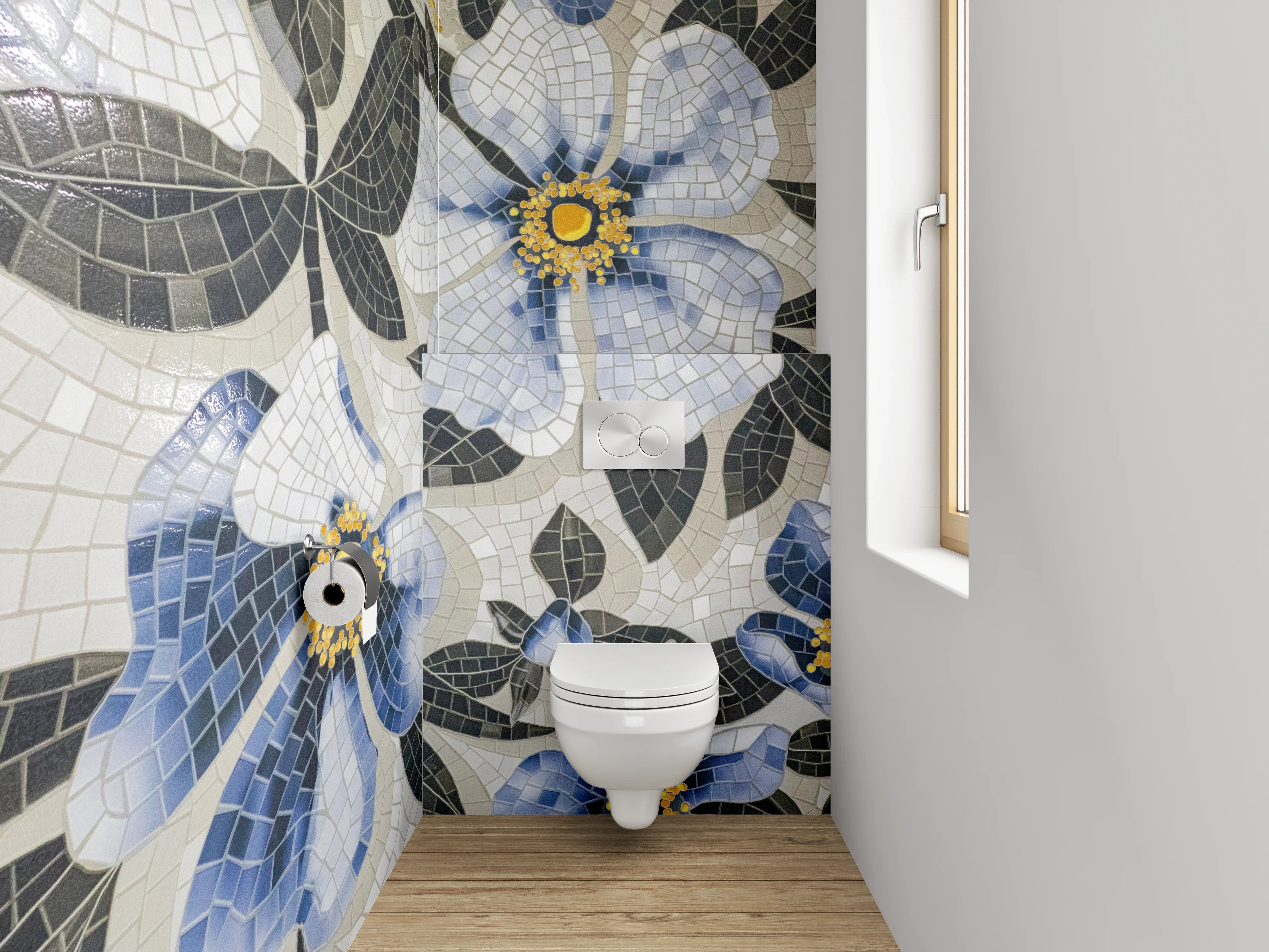 WC-Rückwand - Blaues Blumen-Mosaik Muster