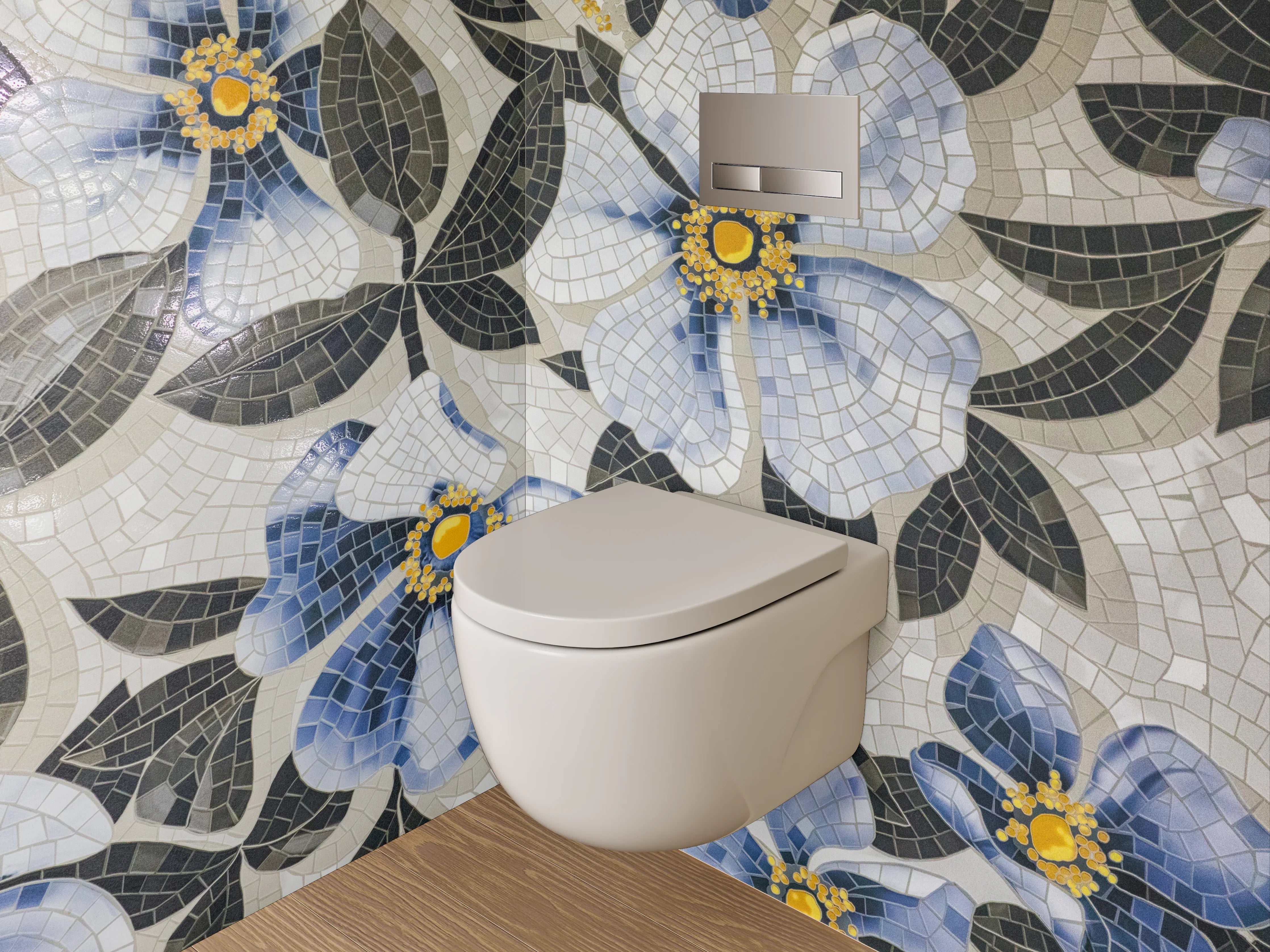 WC-Rückwand - Blaues Blumen-Mosaik Muster