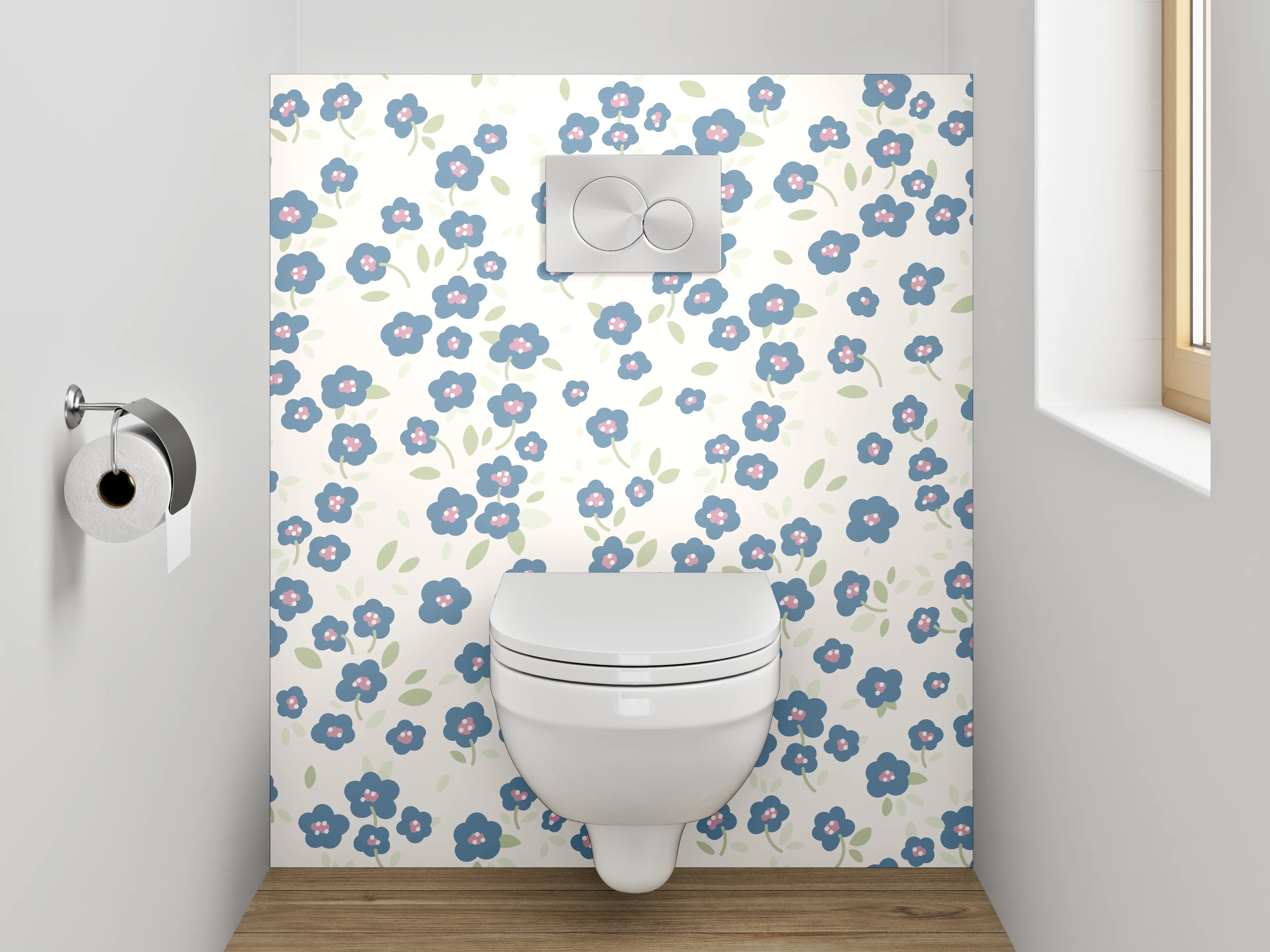 WC-Rückwand - Blaues Blumenmuster auf Weiß