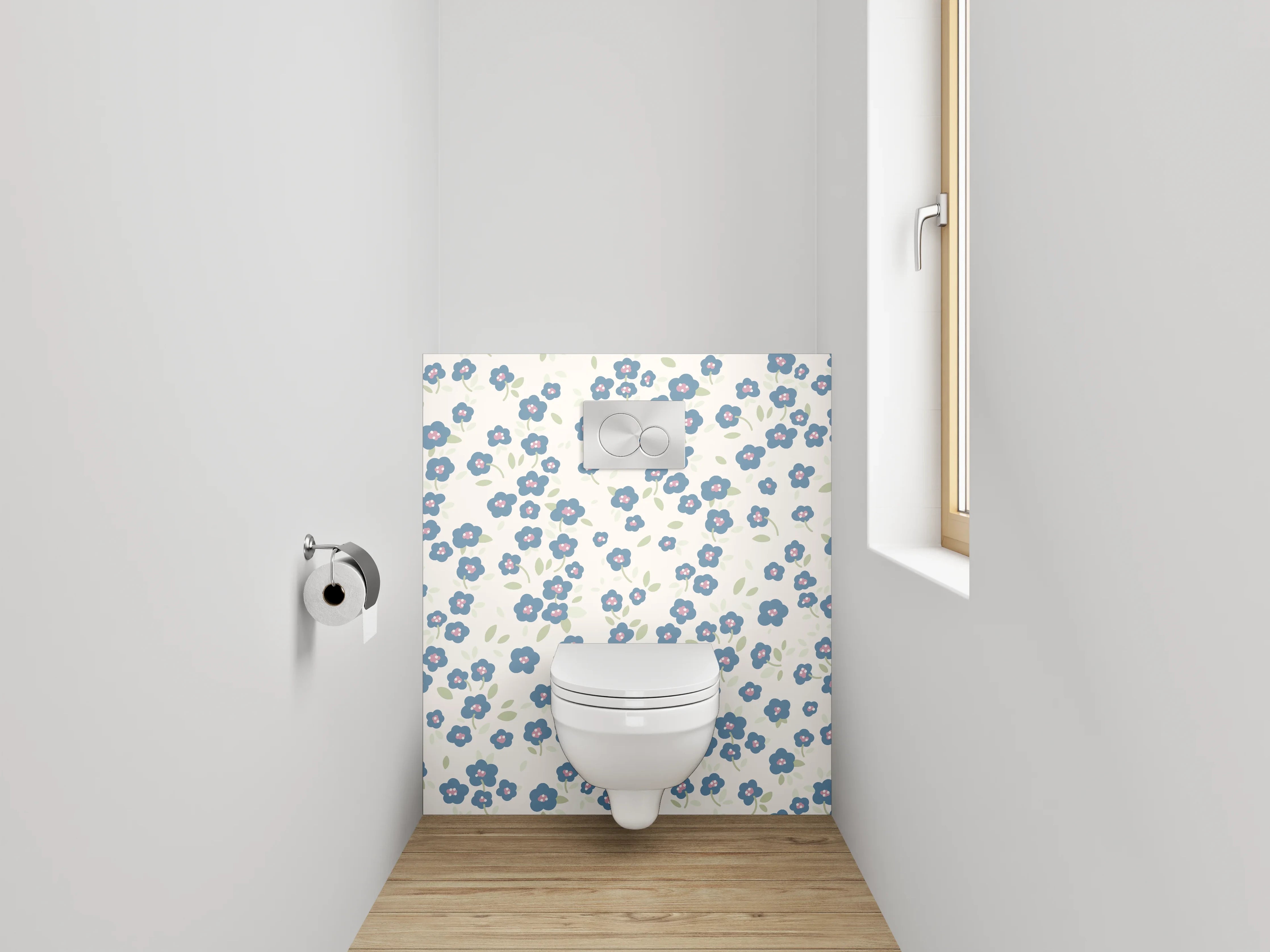 WC-Rückwand - Blaues Blumenmuster auf Weiß