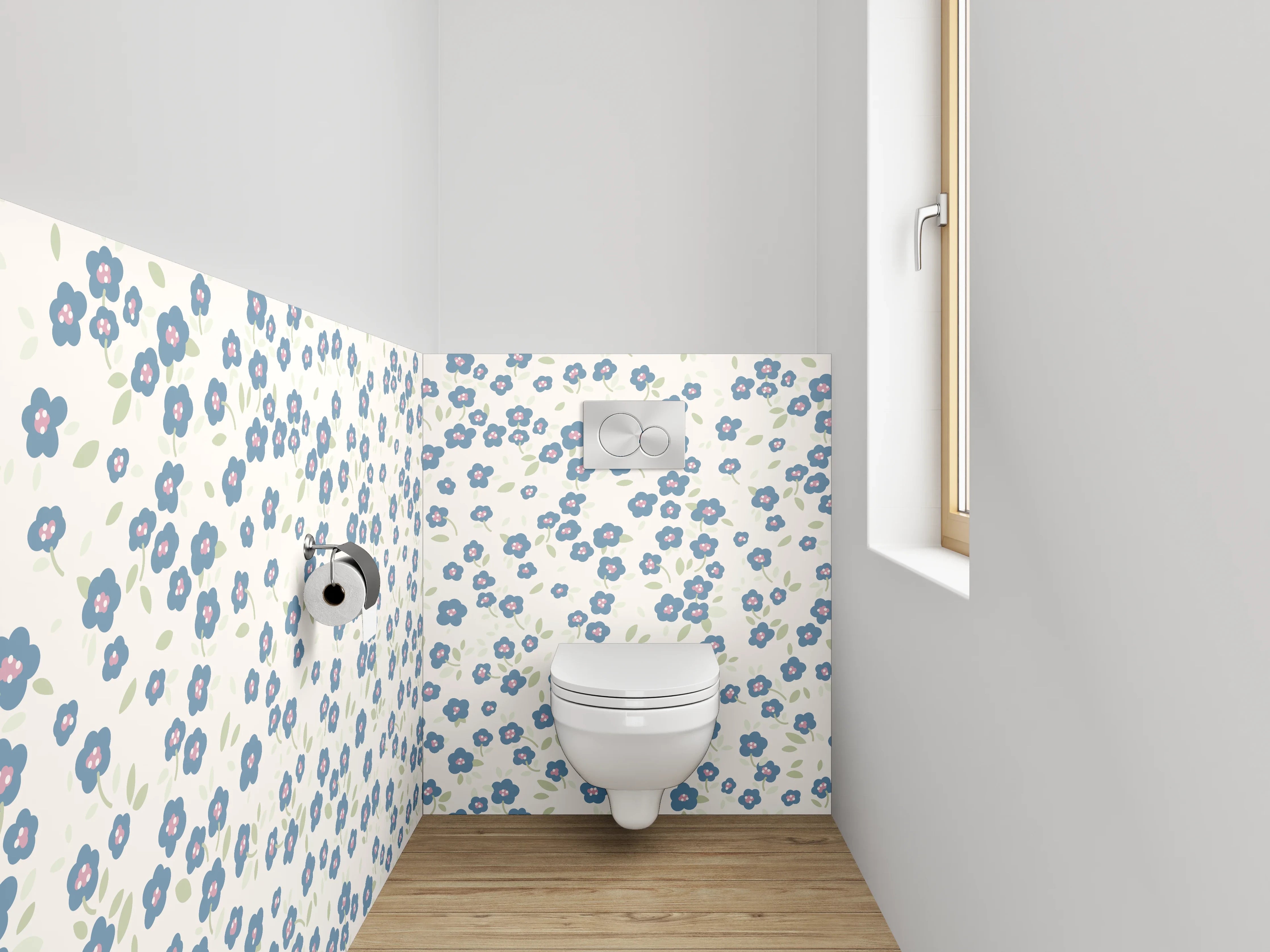 WC-Rückwand - Blaues Blumenmuster auf Weiß
