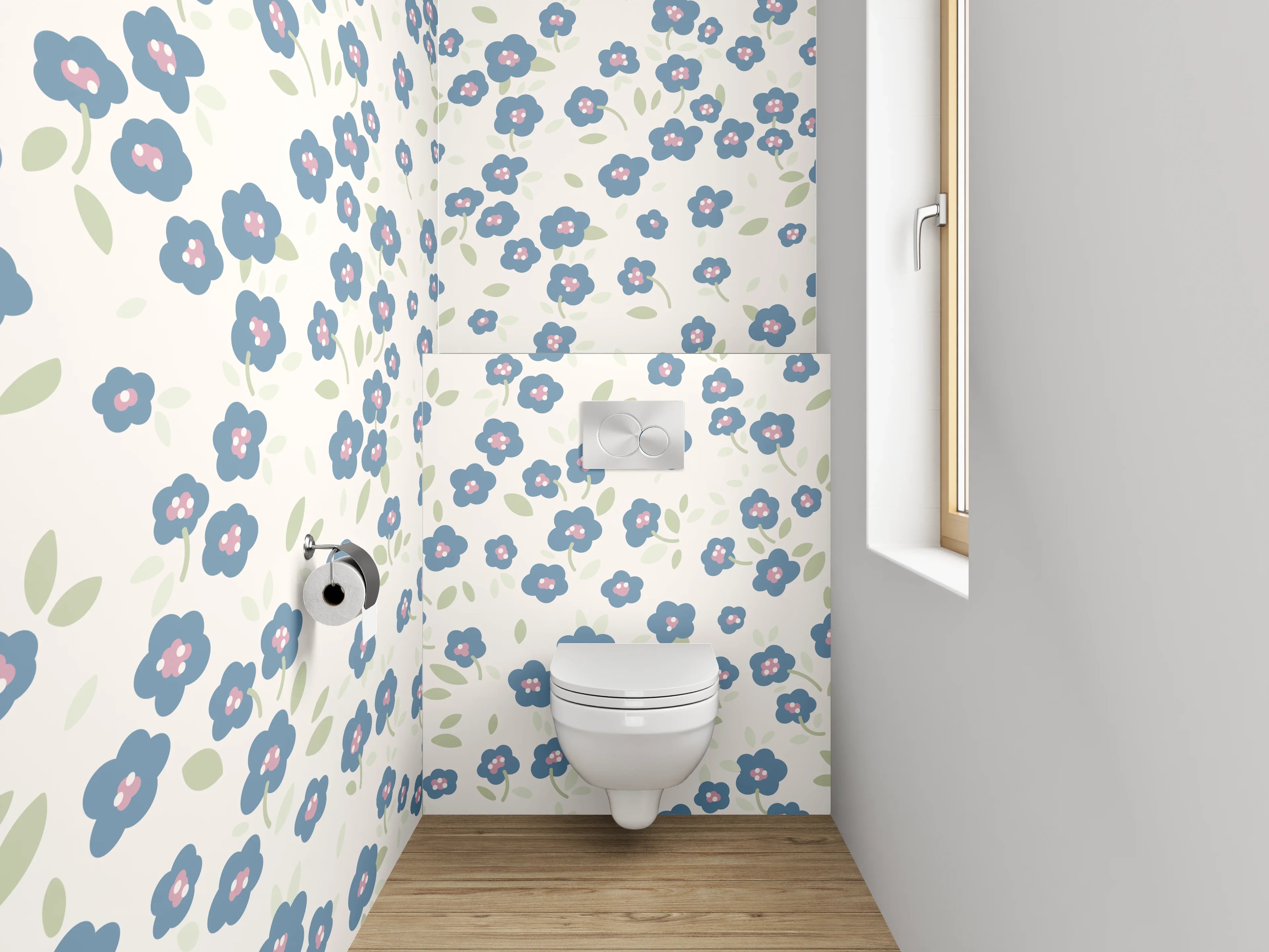 WC-Rückwand - Blaues Blumenmuster auf Weiß