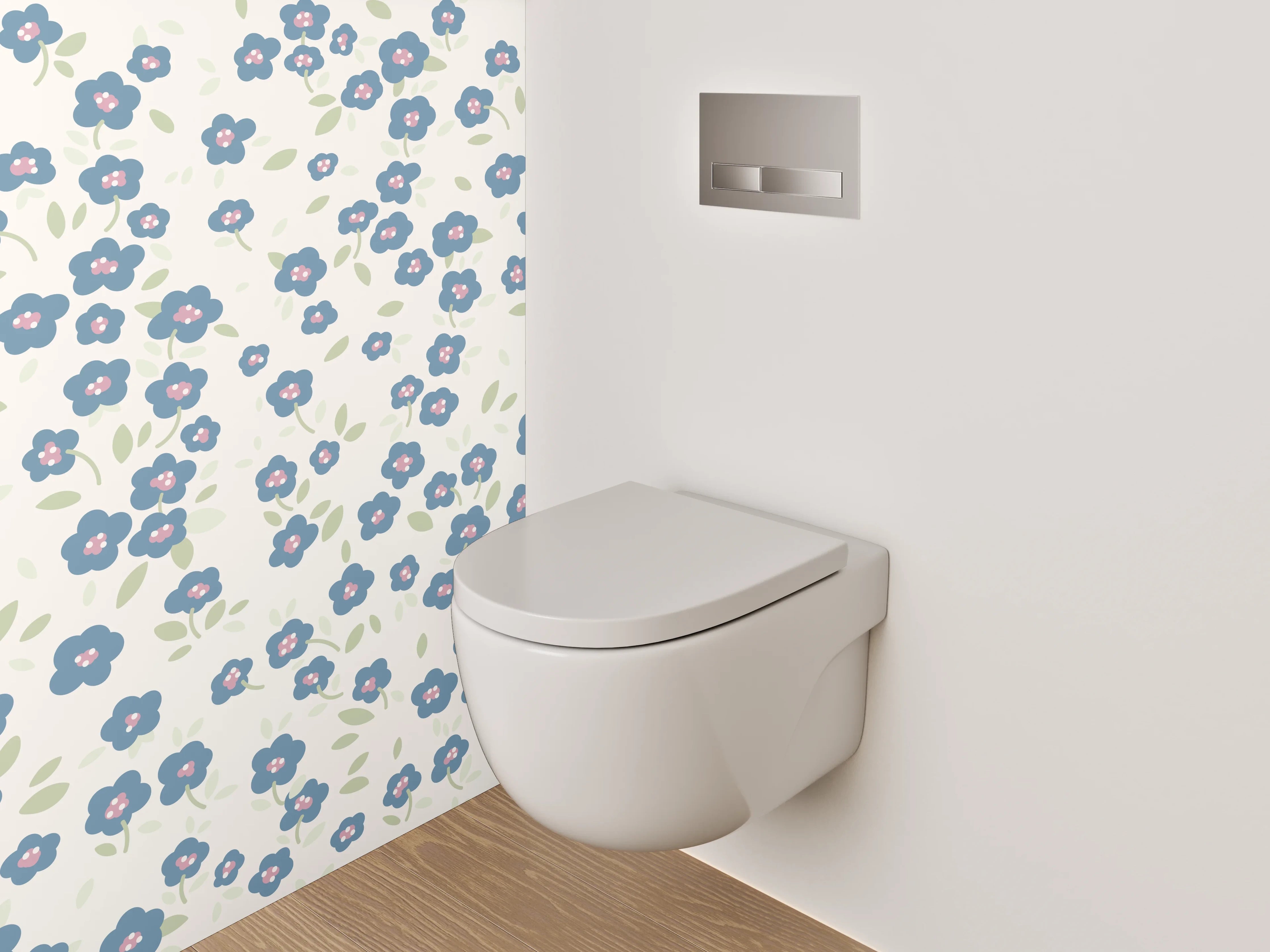 WC-Rückwand - Blaues Blumenmuster auf Weiß