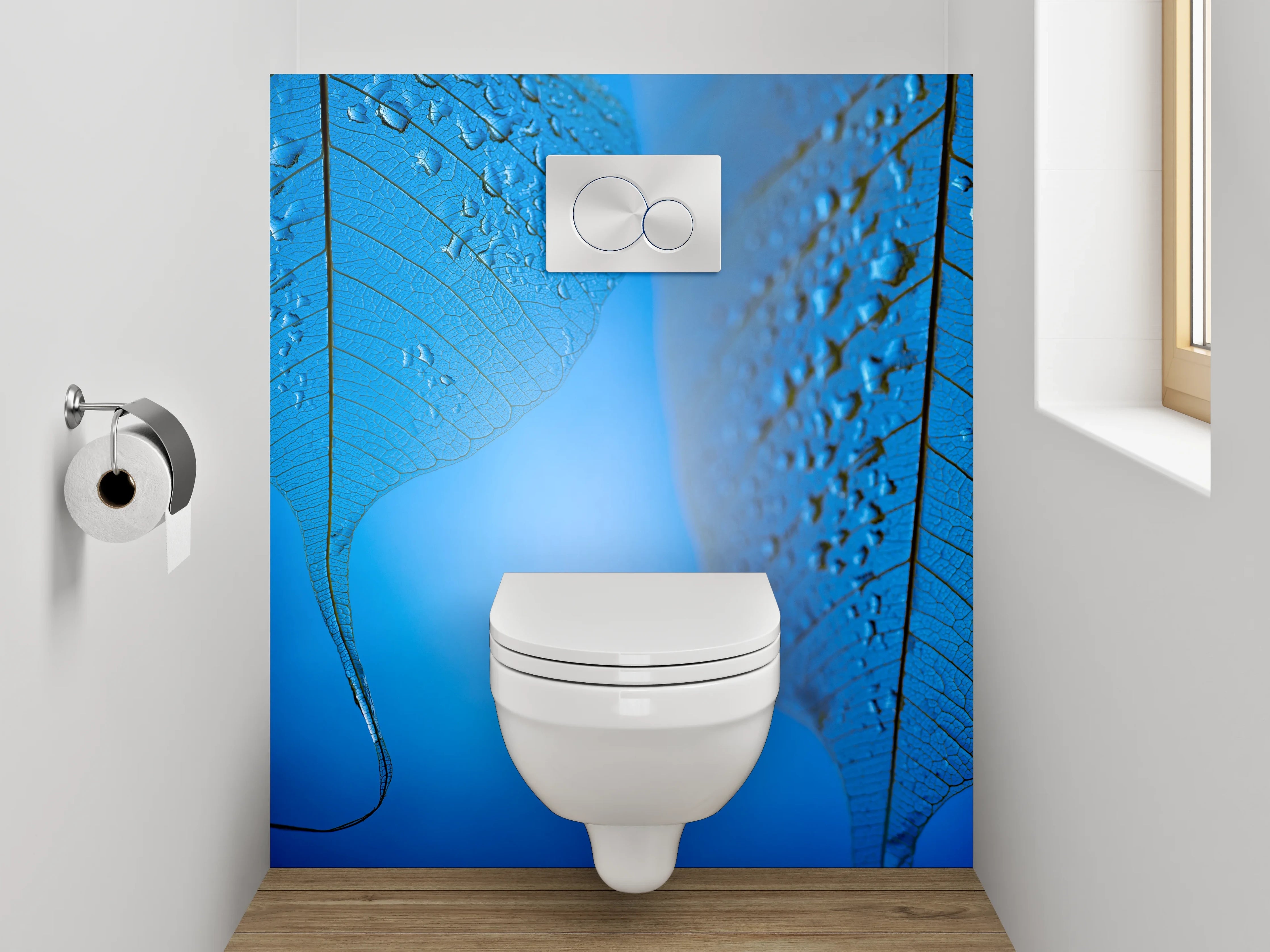 WC-Rückwand - Blaues Skelettblatt mit Wassertropfen