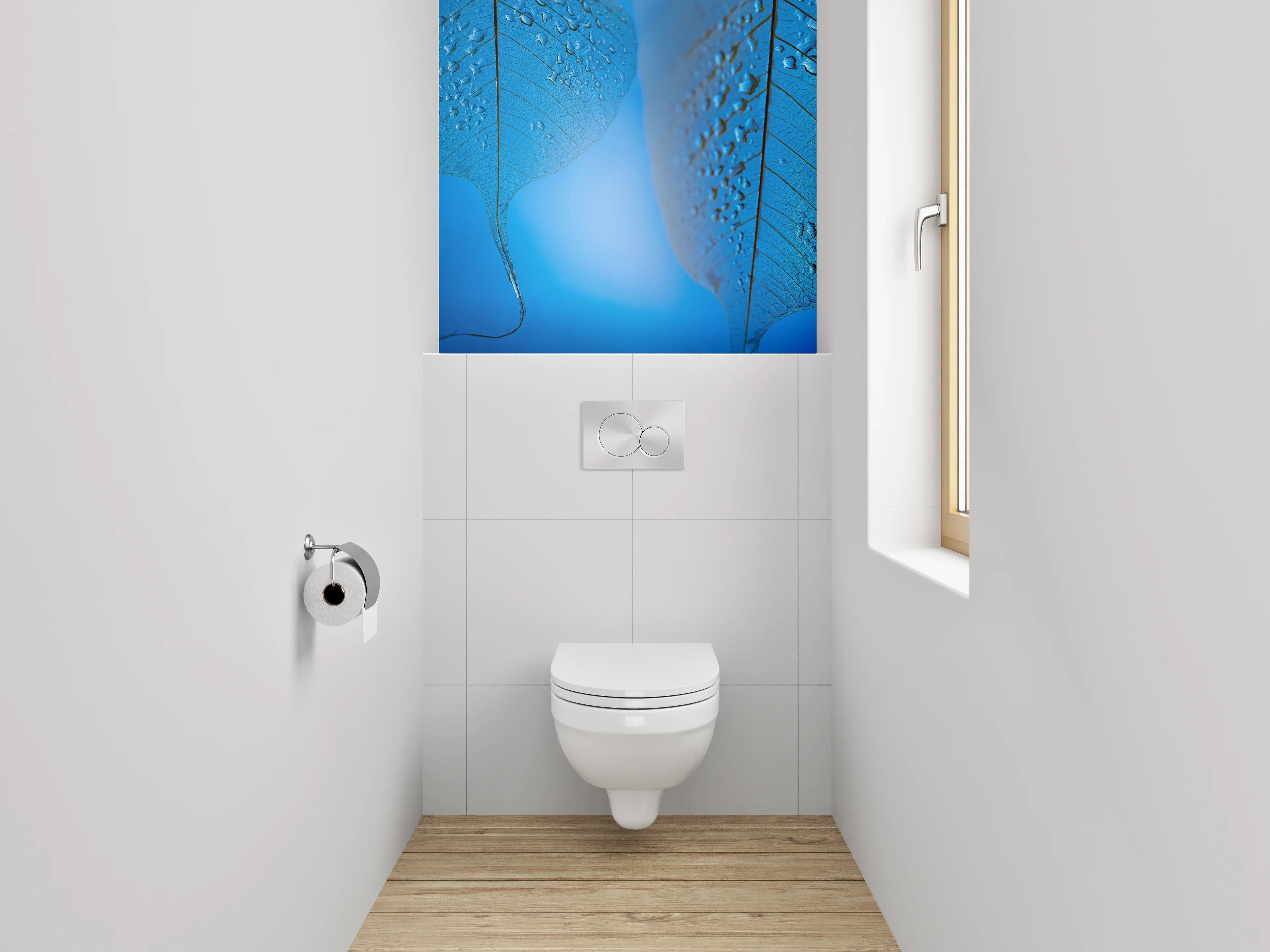 WC-Rückwand - Blaues Skelettblatt mit Wassertropfen
