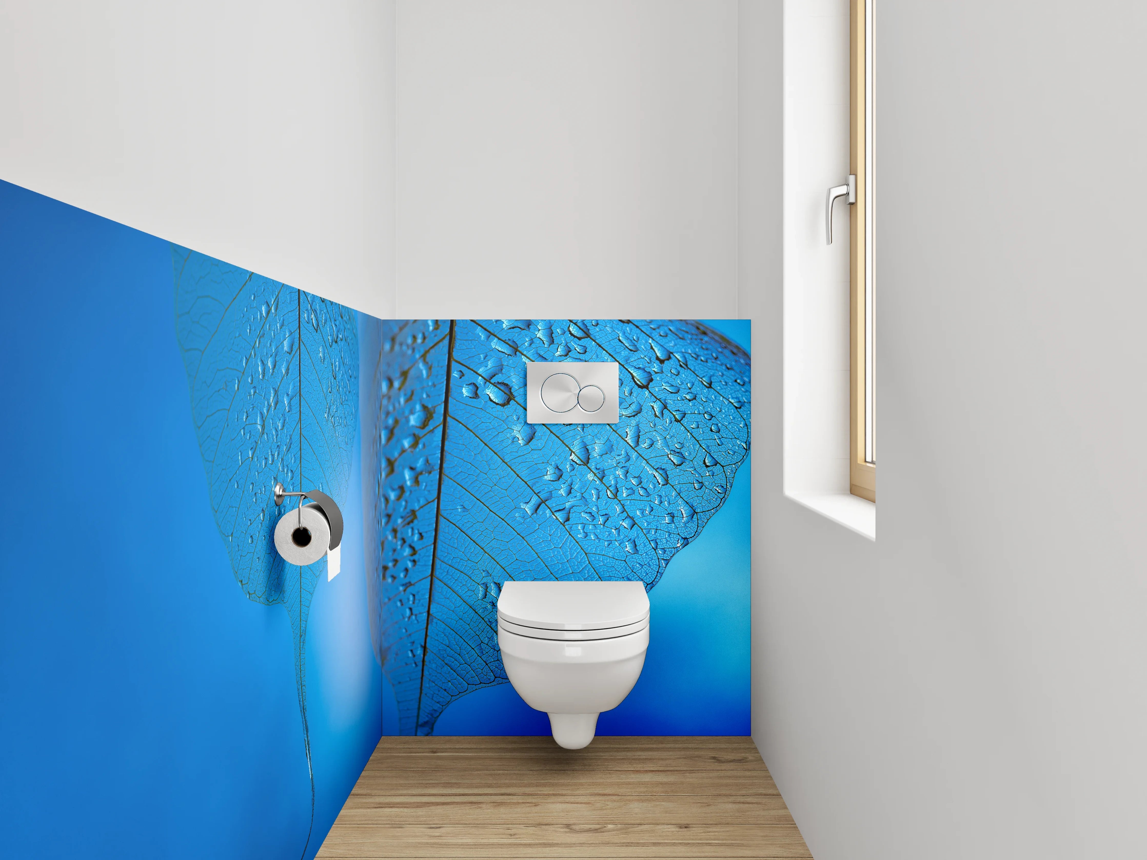 WC-Rückwand - Blaues Skelettblatt mit Wassertropfen