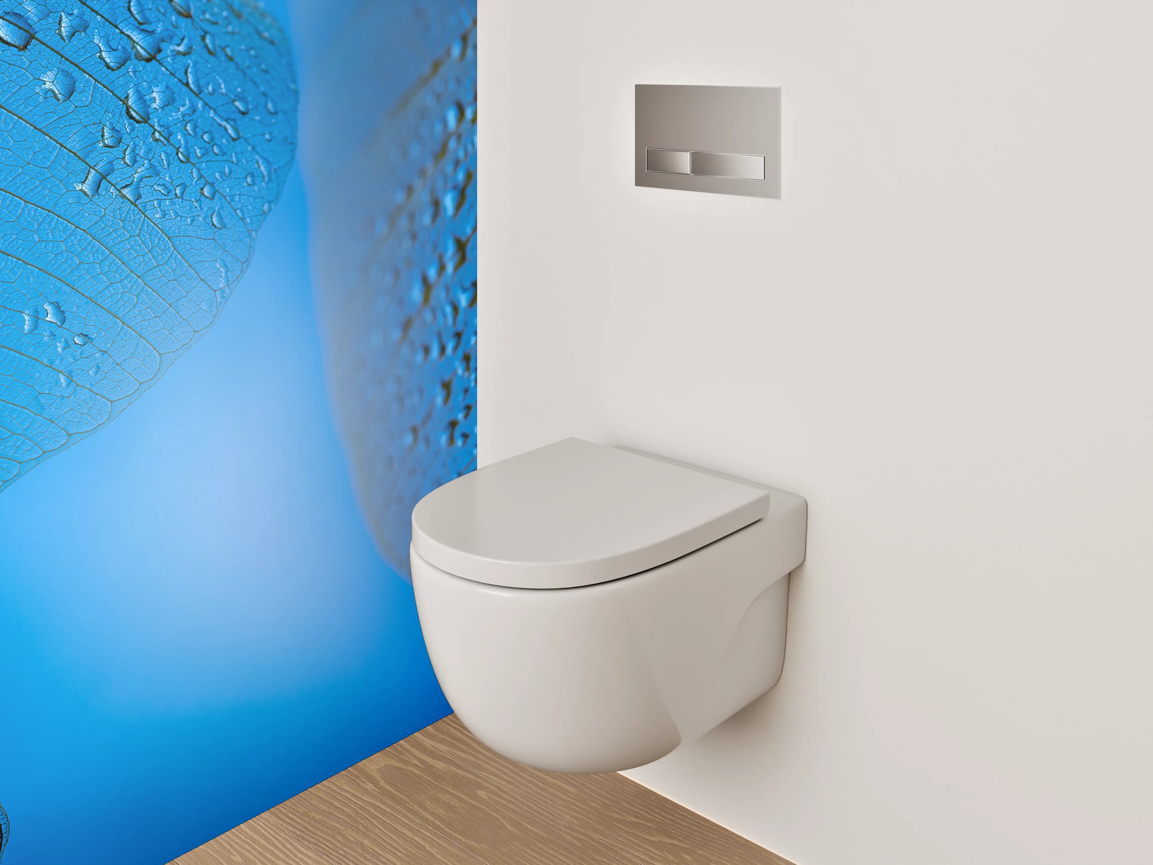 WC-Rückwand - Blaues Skelettblatt mit Wassertropfen