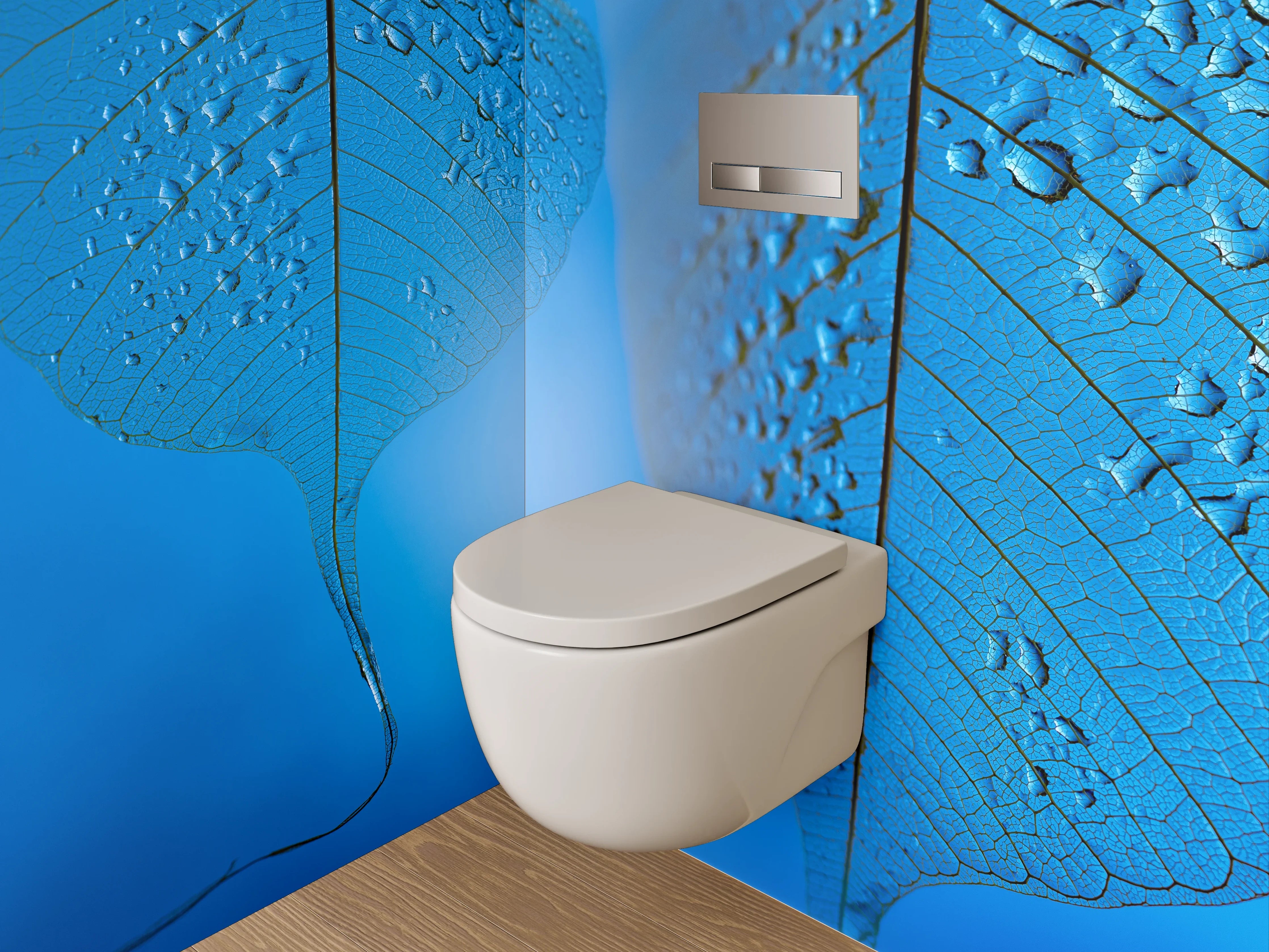 WC-Rückwand - Blaues Skelettblatt mit Wassertropfen