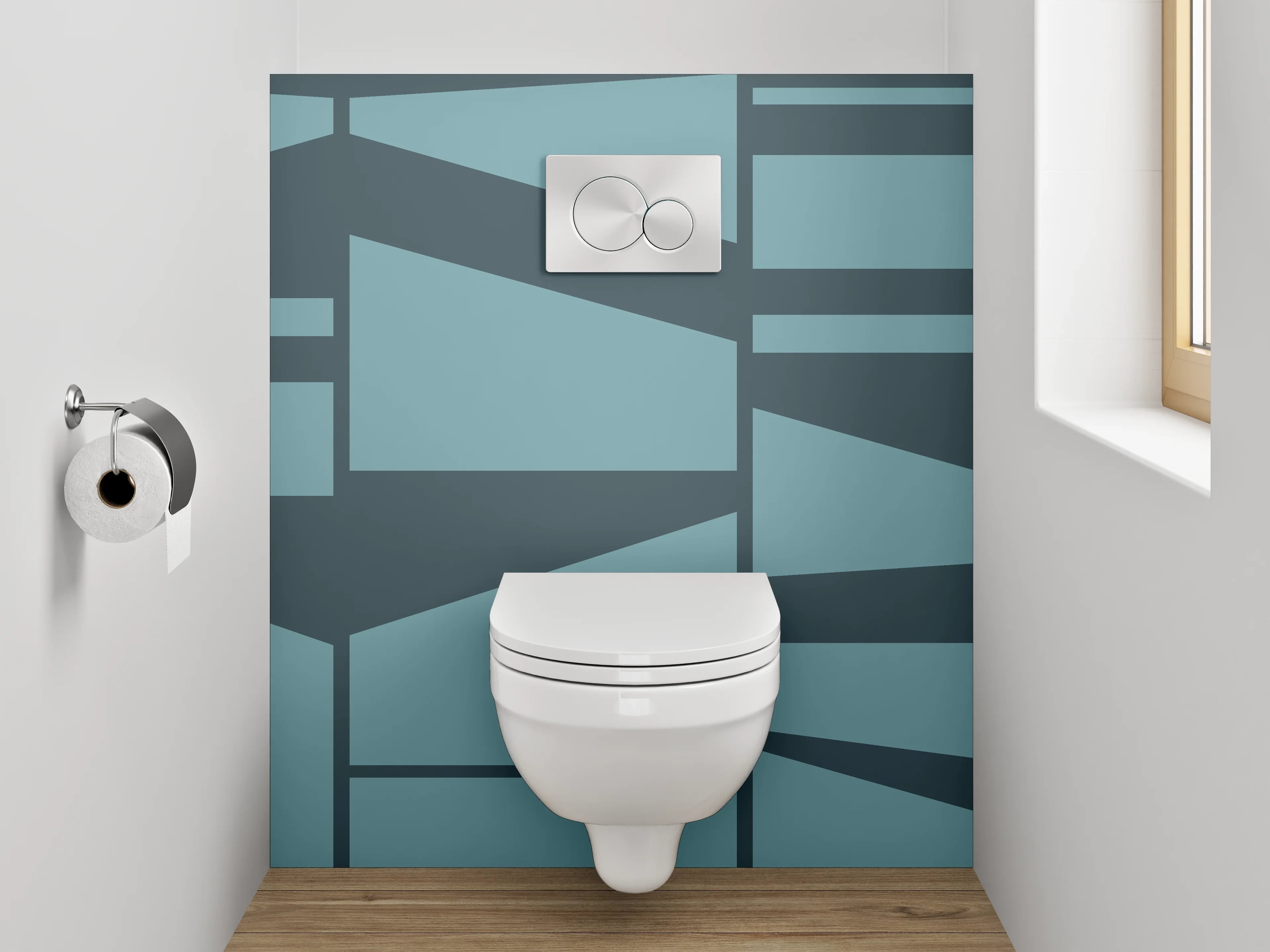 WC-Rückwand - Blaugraue Formen auf weißem Grund