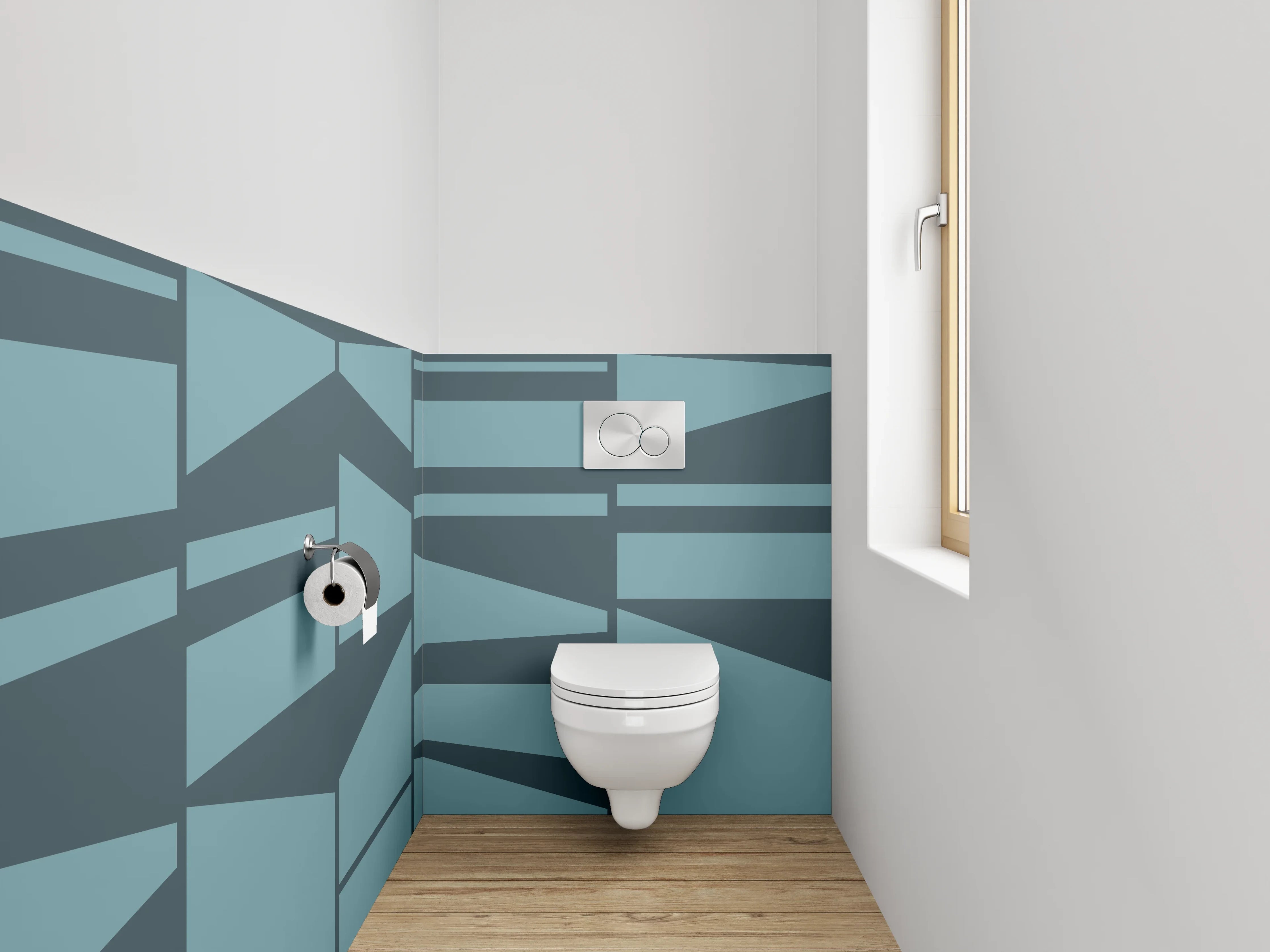 WC-Rückwand - Blaugraue Formen auf weißem Grund
