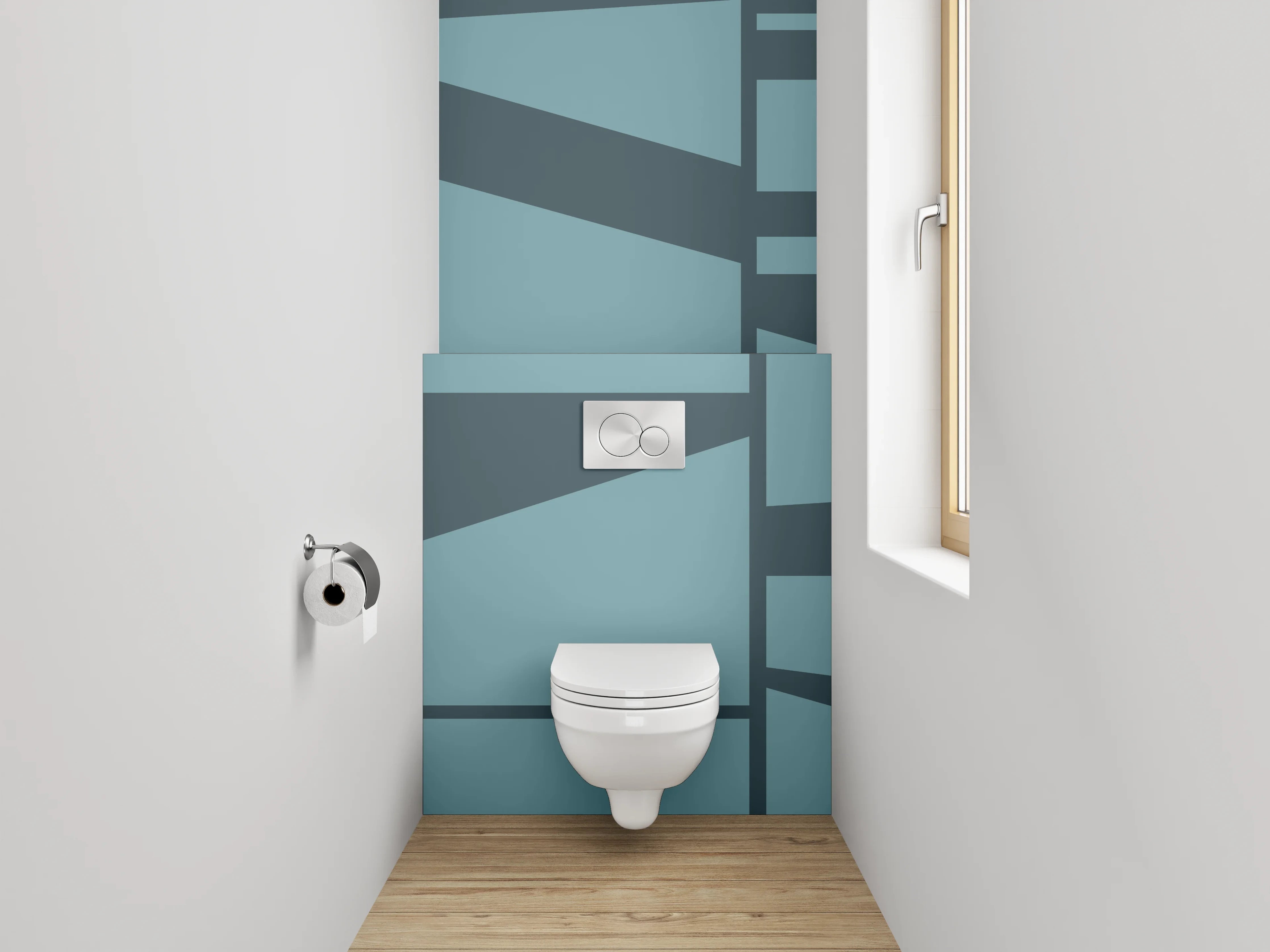 WC-Rückwand - Blaugraue Formen auf weißem Grund