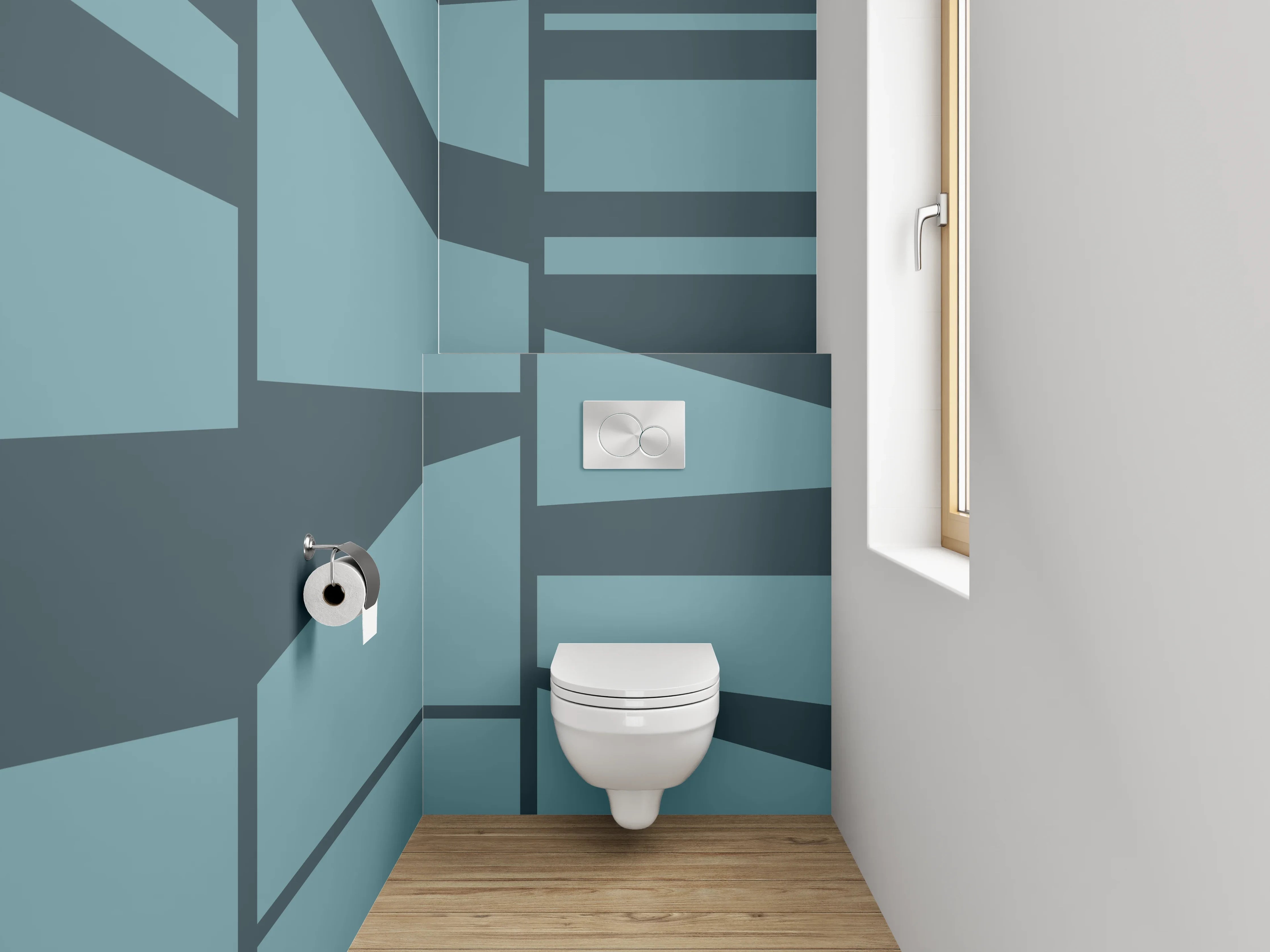WC-Rückwand - Blaugraue Formen auf weißem Grund
