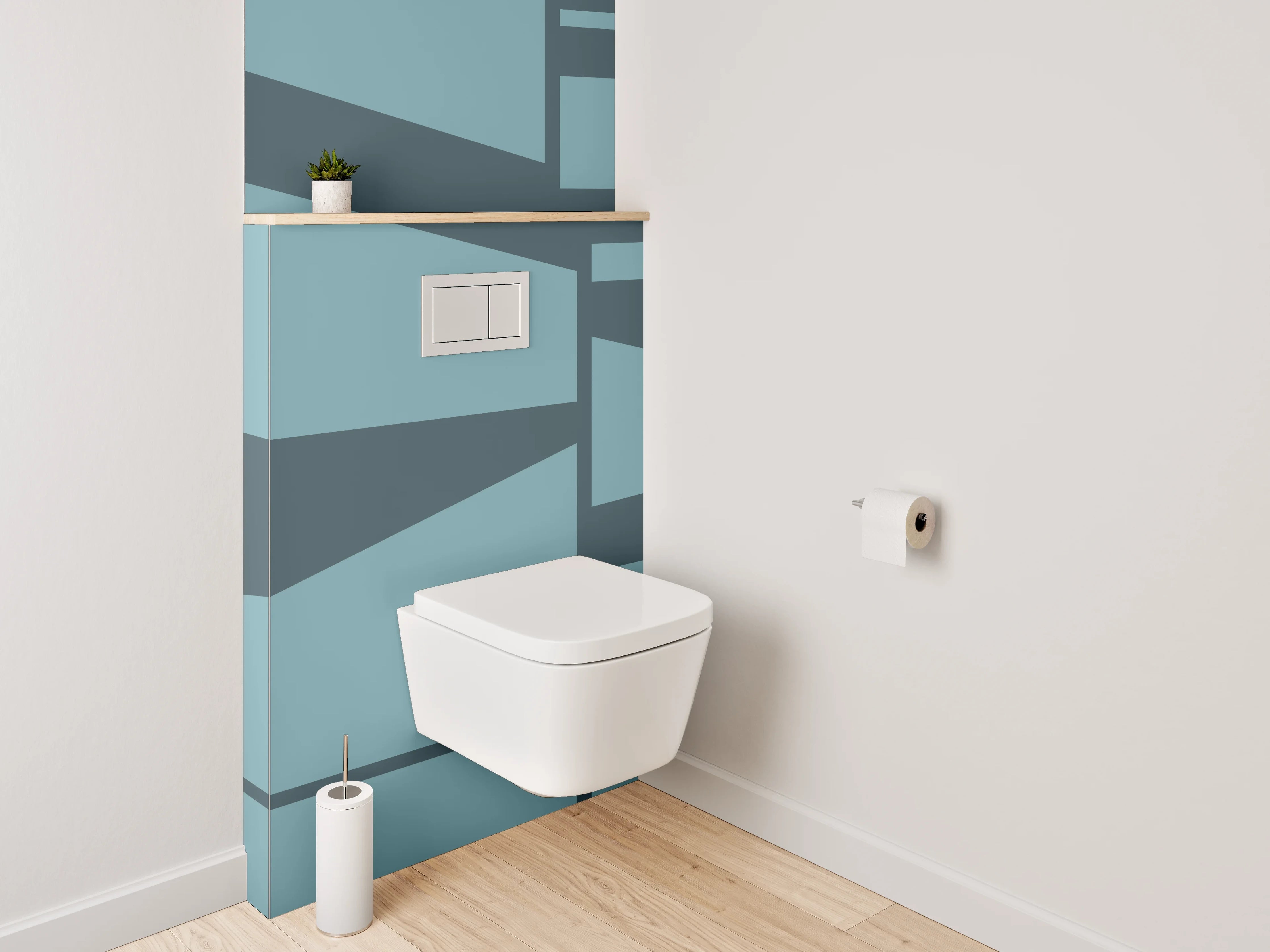 WC-Rückwand - Blaugraue Formen auf weißem Grund
