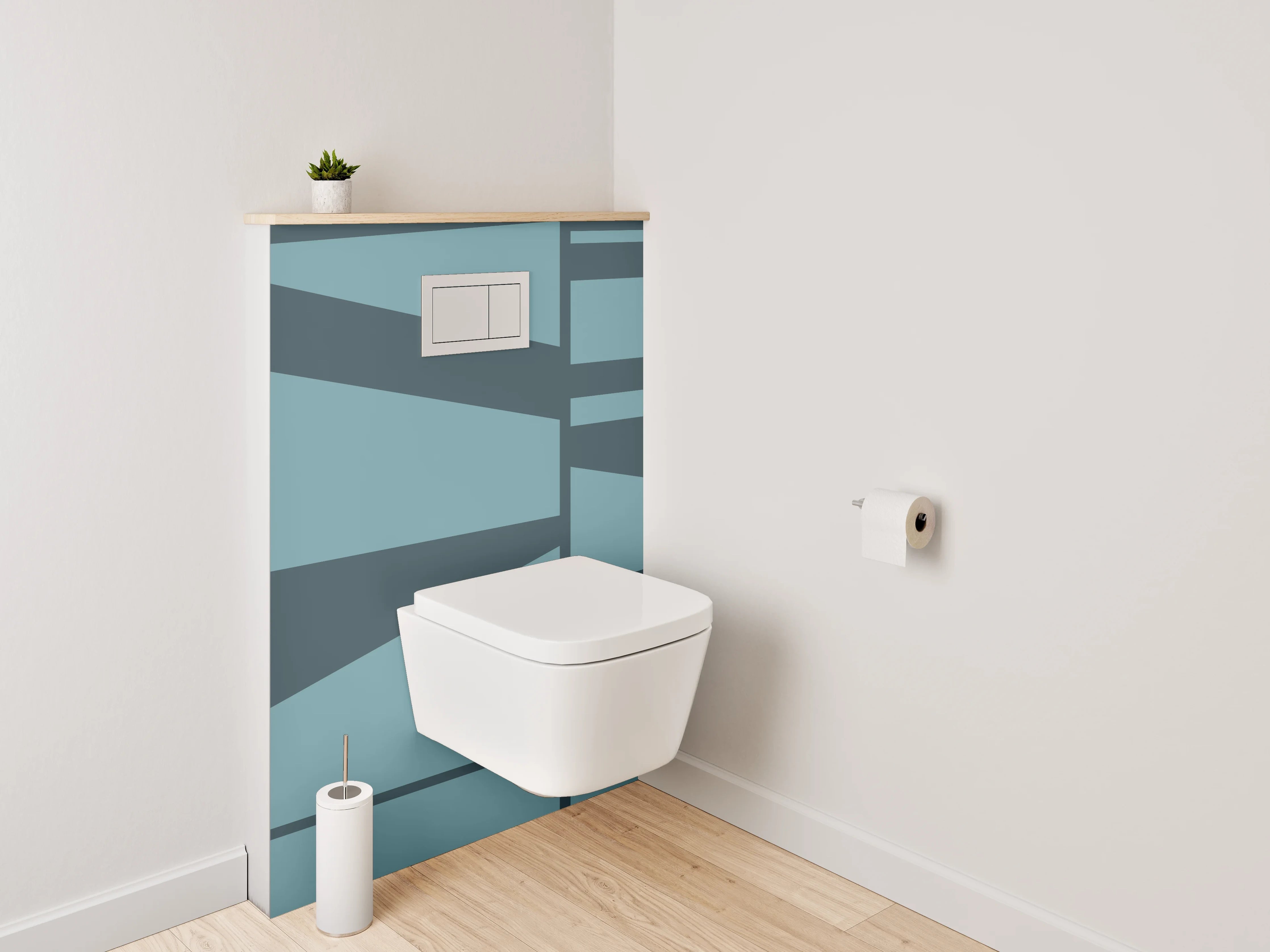 WC-Rückwand - Blaugraue Formen auf weißem Grund