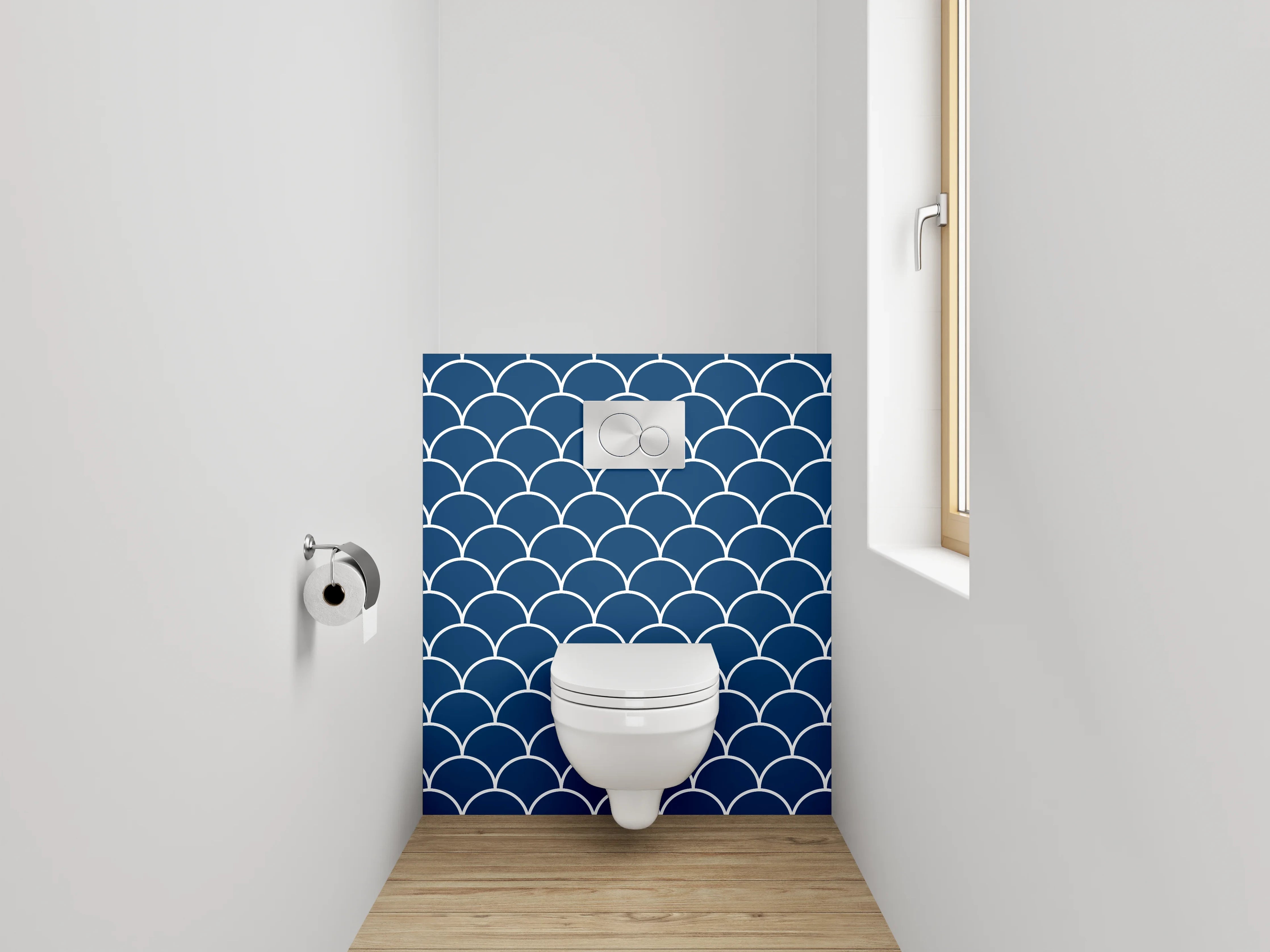 WC-Rückwand - Blaugraue Wellenkunst mit Weißakzenten