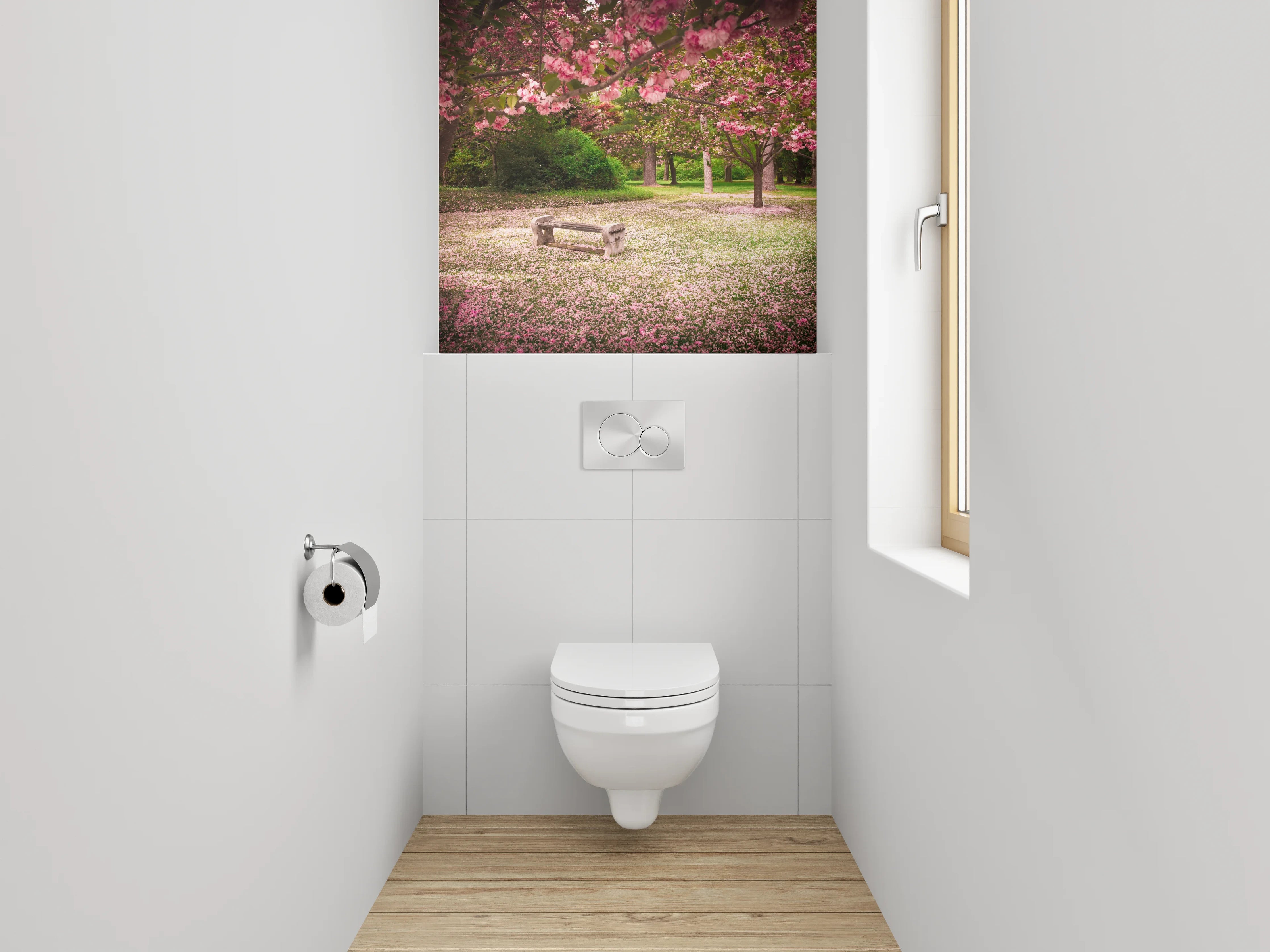 WC-Rückwand - Blühende Kirschbäume im Park