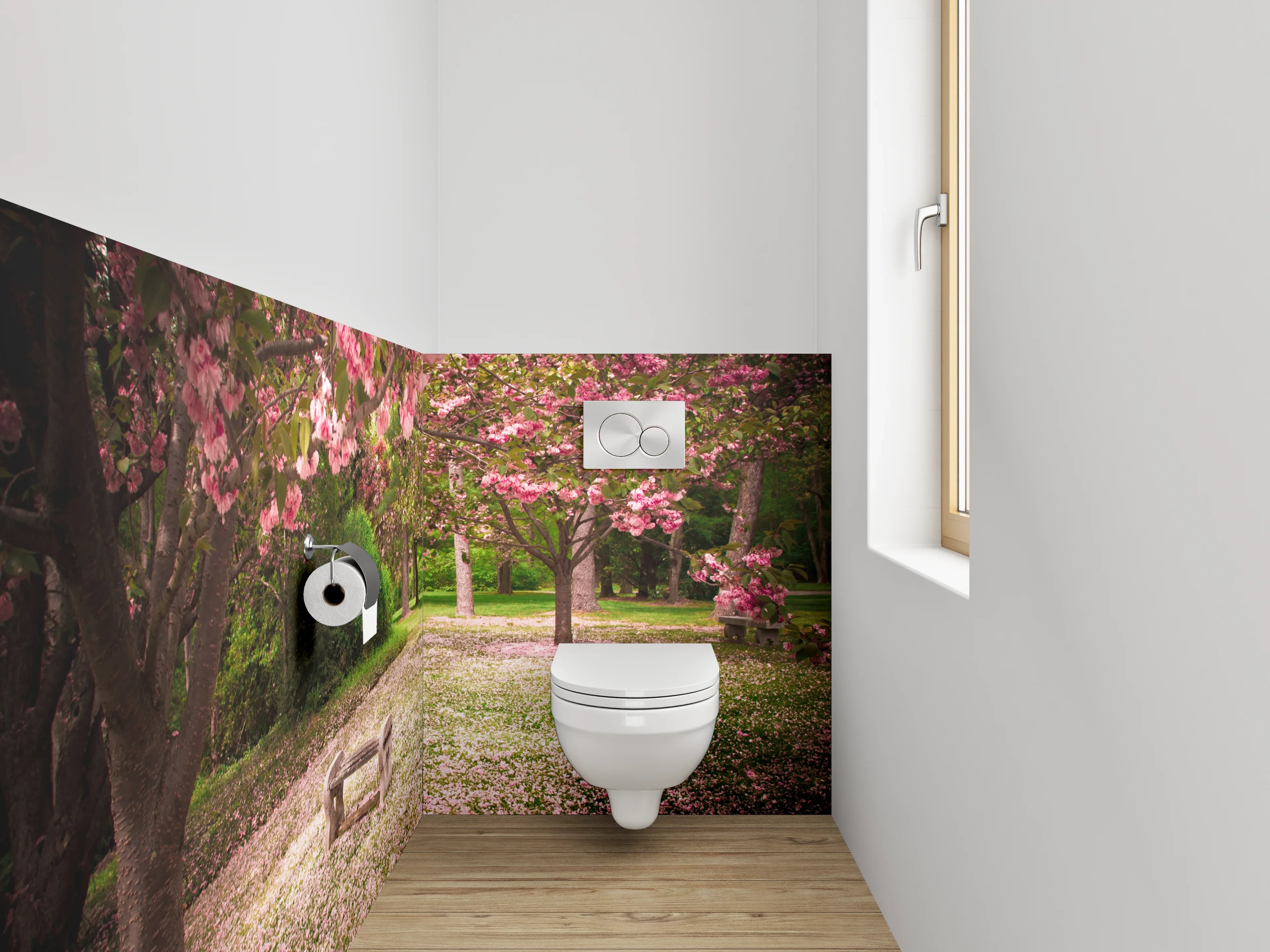 WC-Rückwand - Blühende Kirschbäume im Park