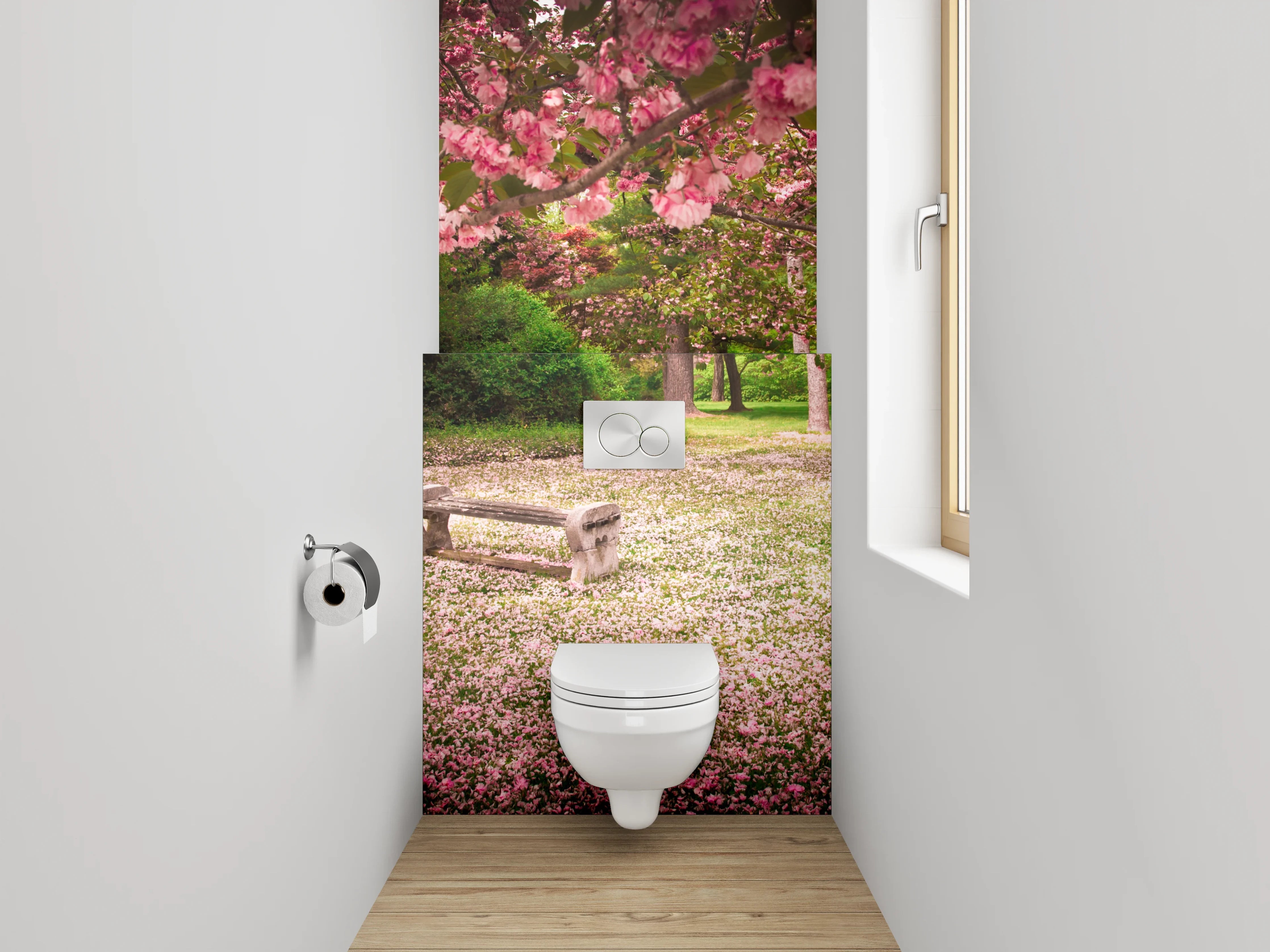 WC-Rückwand - Blühende Kirschbäume im Park