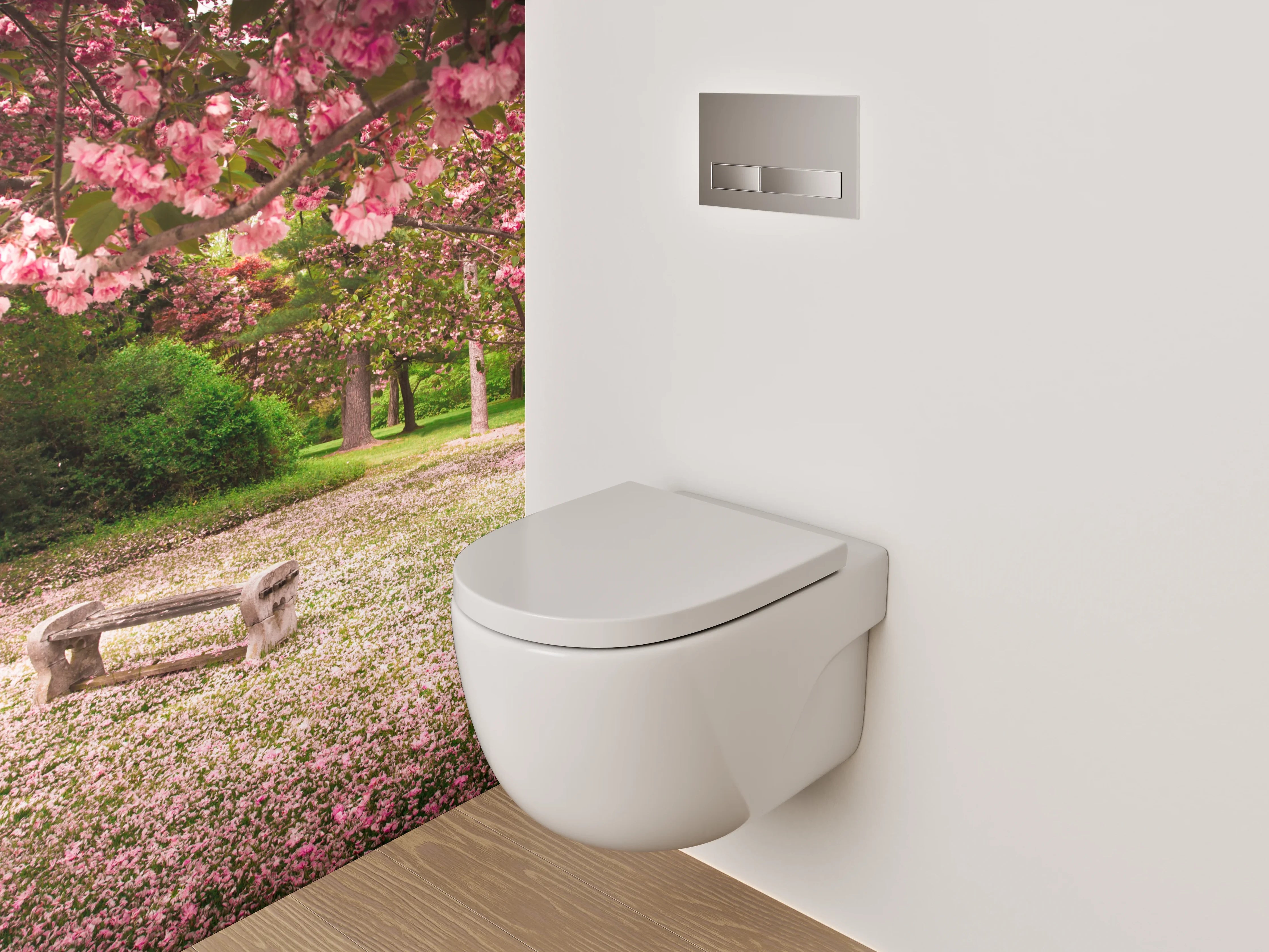 WC-Rückwand - Blühende Kirschbäume im Park