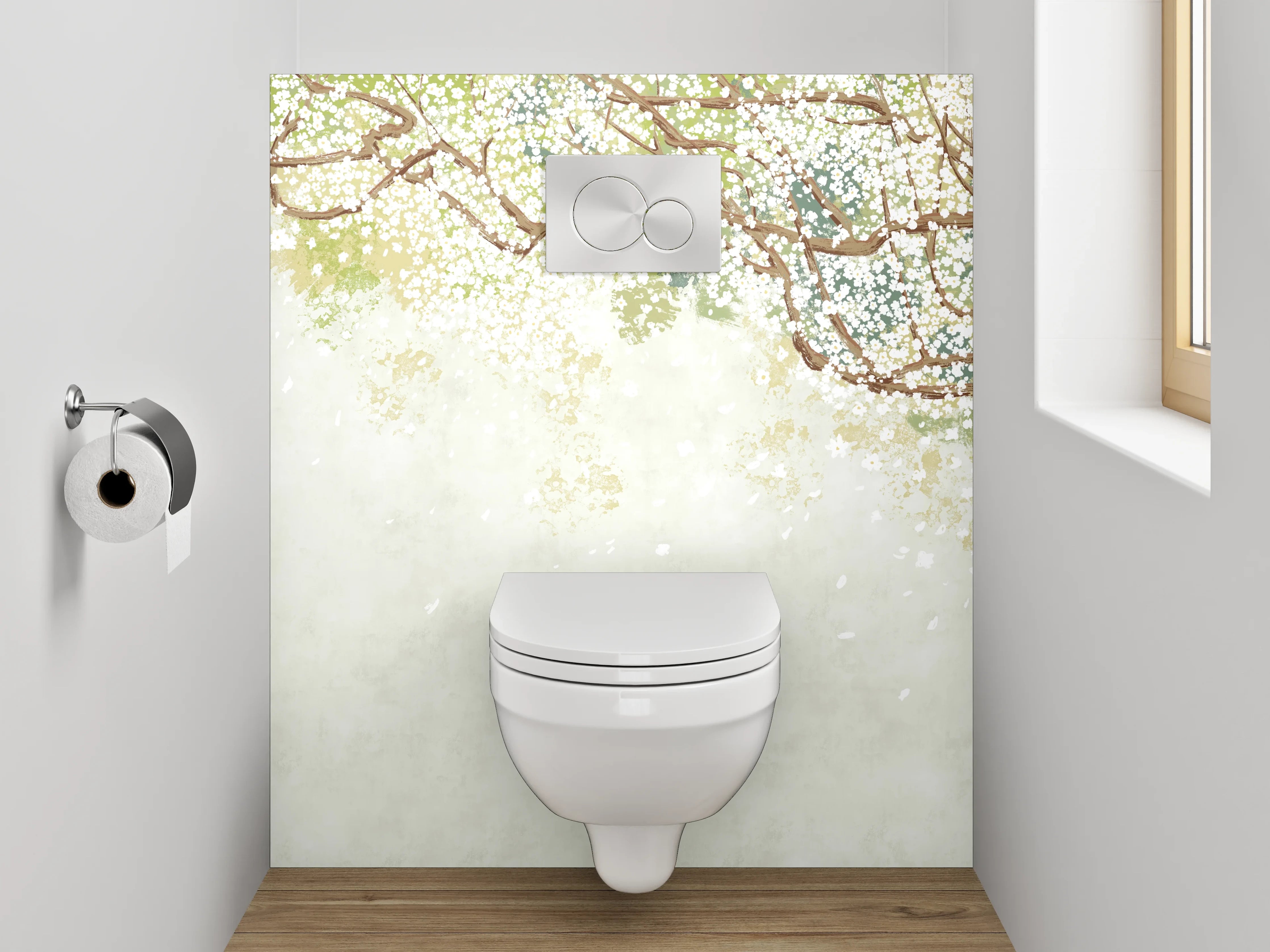 WC-Rückwand - Blühende Kirschzweige im Aquarellstil