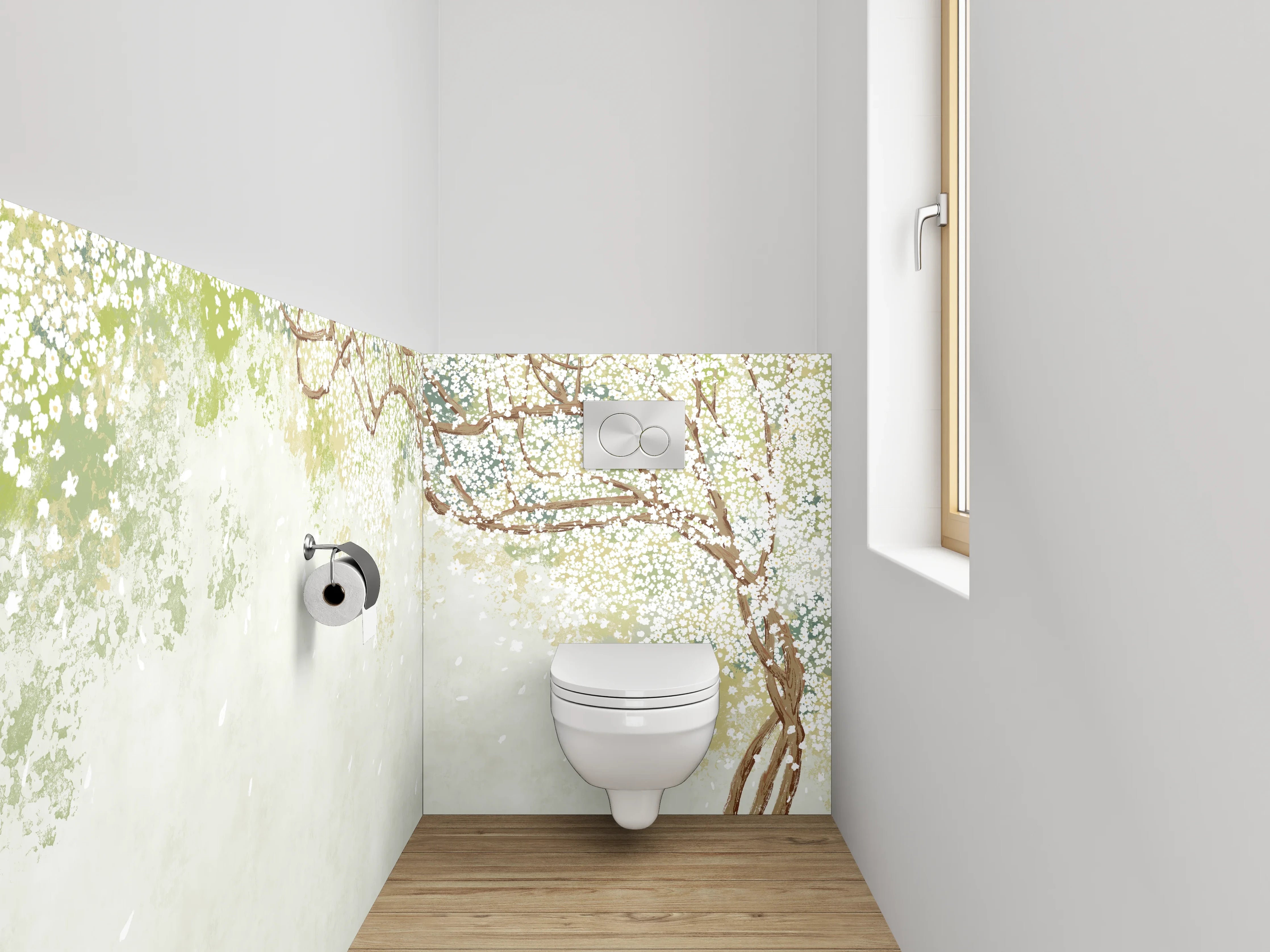 WC-Rückwand - Blühende Kirschzweige im Aquarellstil