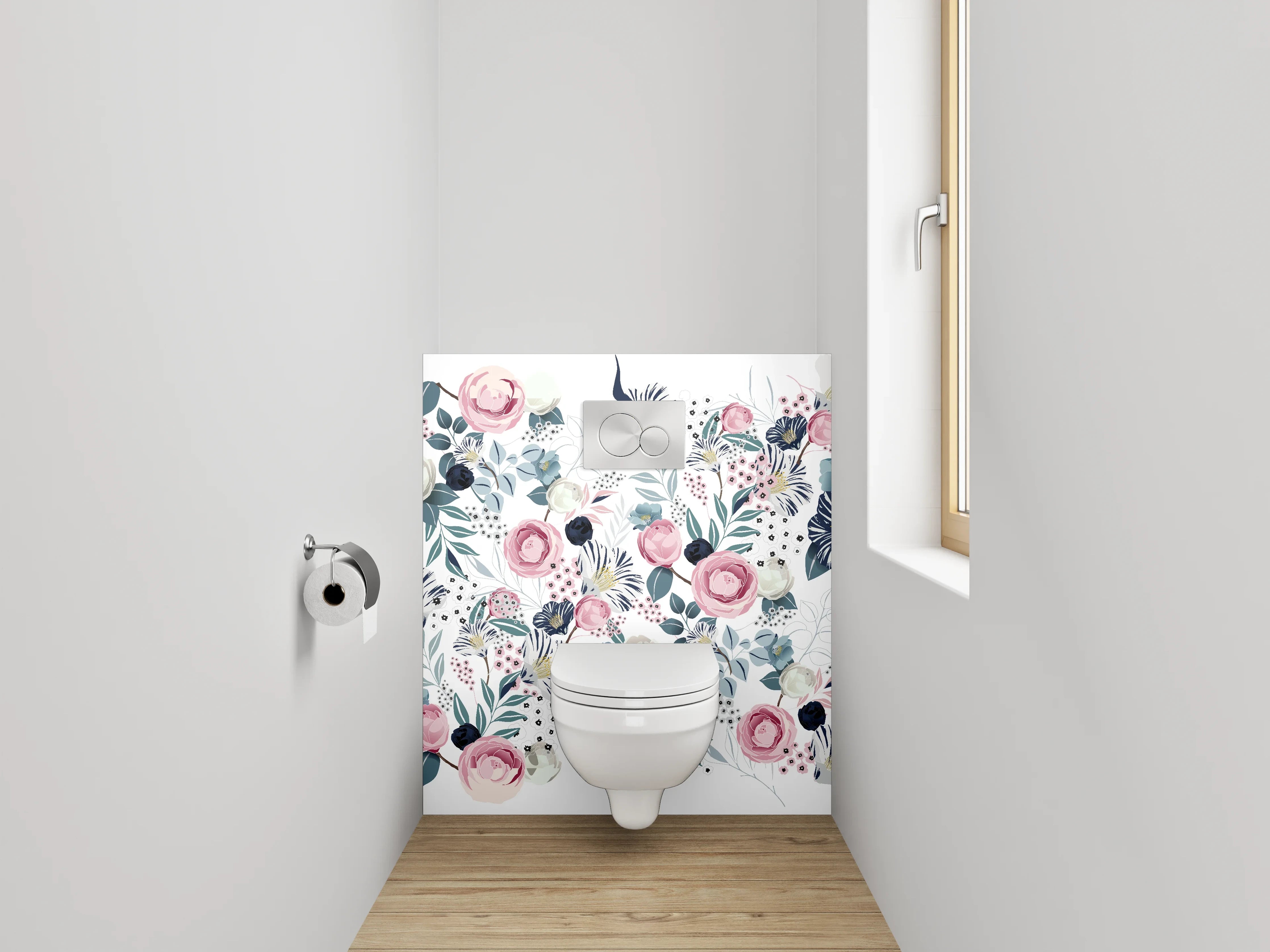 WC-Rückwand - Blumen Aquarell Muster Rosa Blau