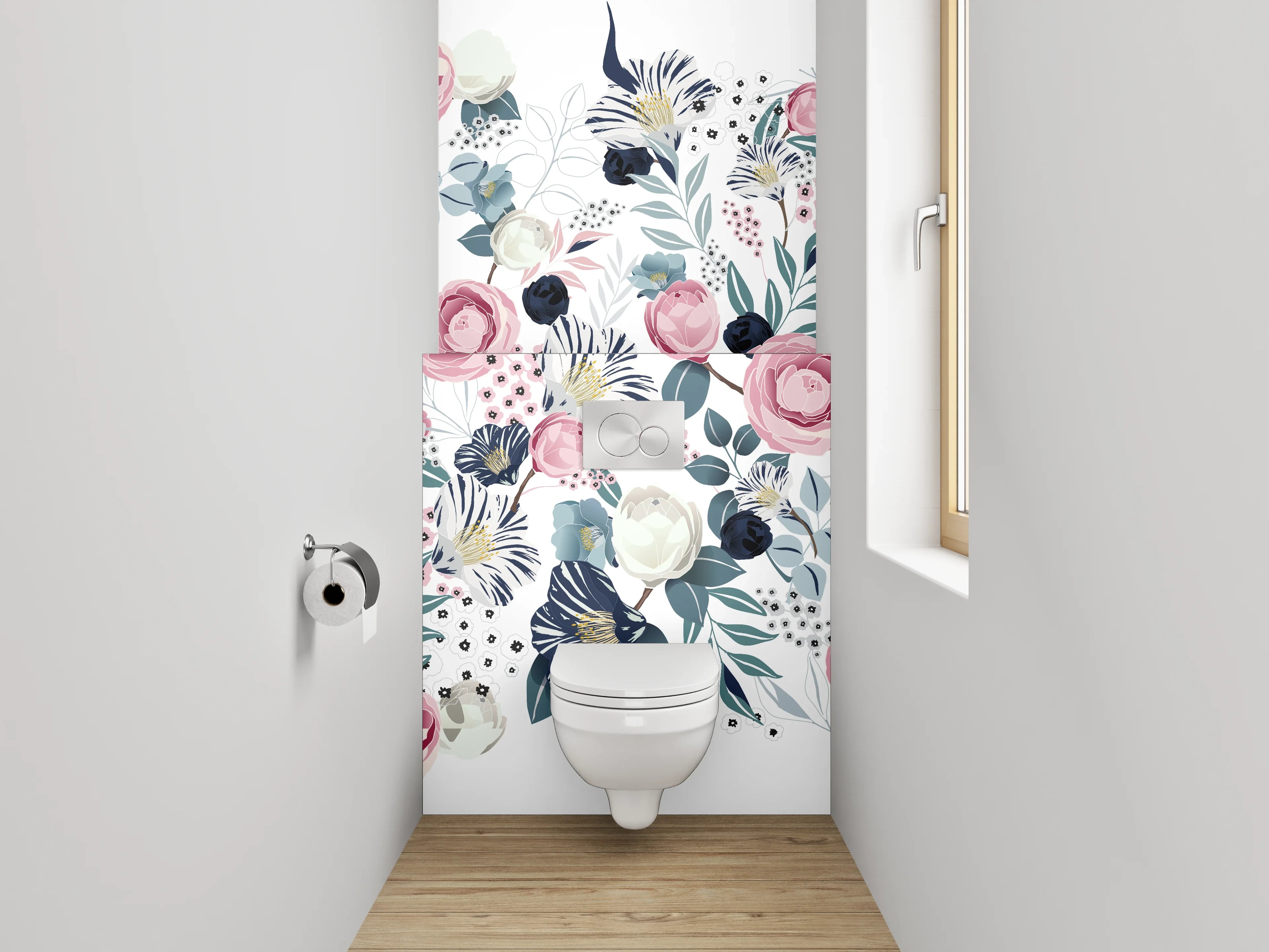 WC-Rückwand - Blumen Aquarell Muster Rosa Blau