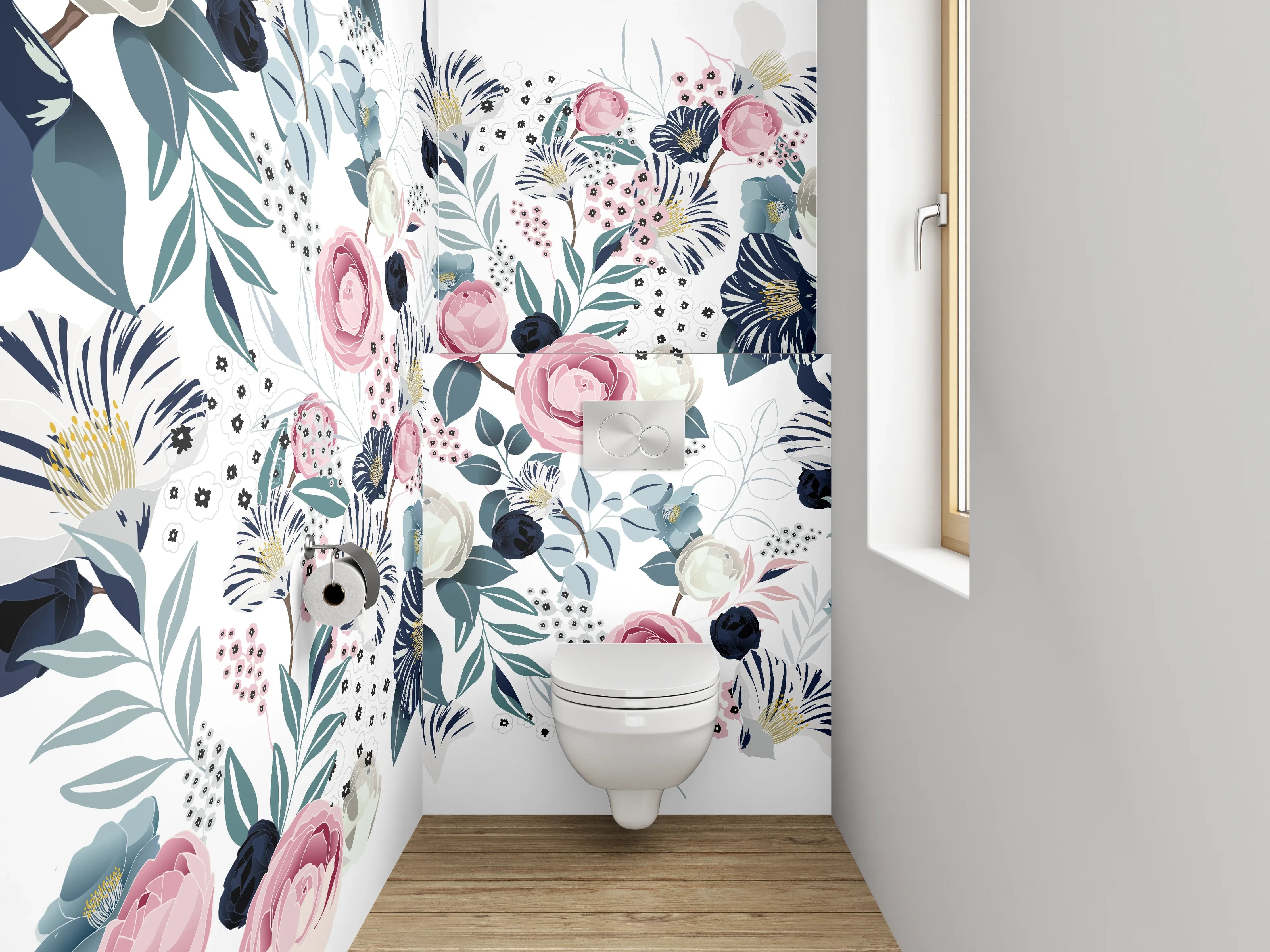 WC-Rückwand - Blumen Aquarell Muster Rosa Blau
