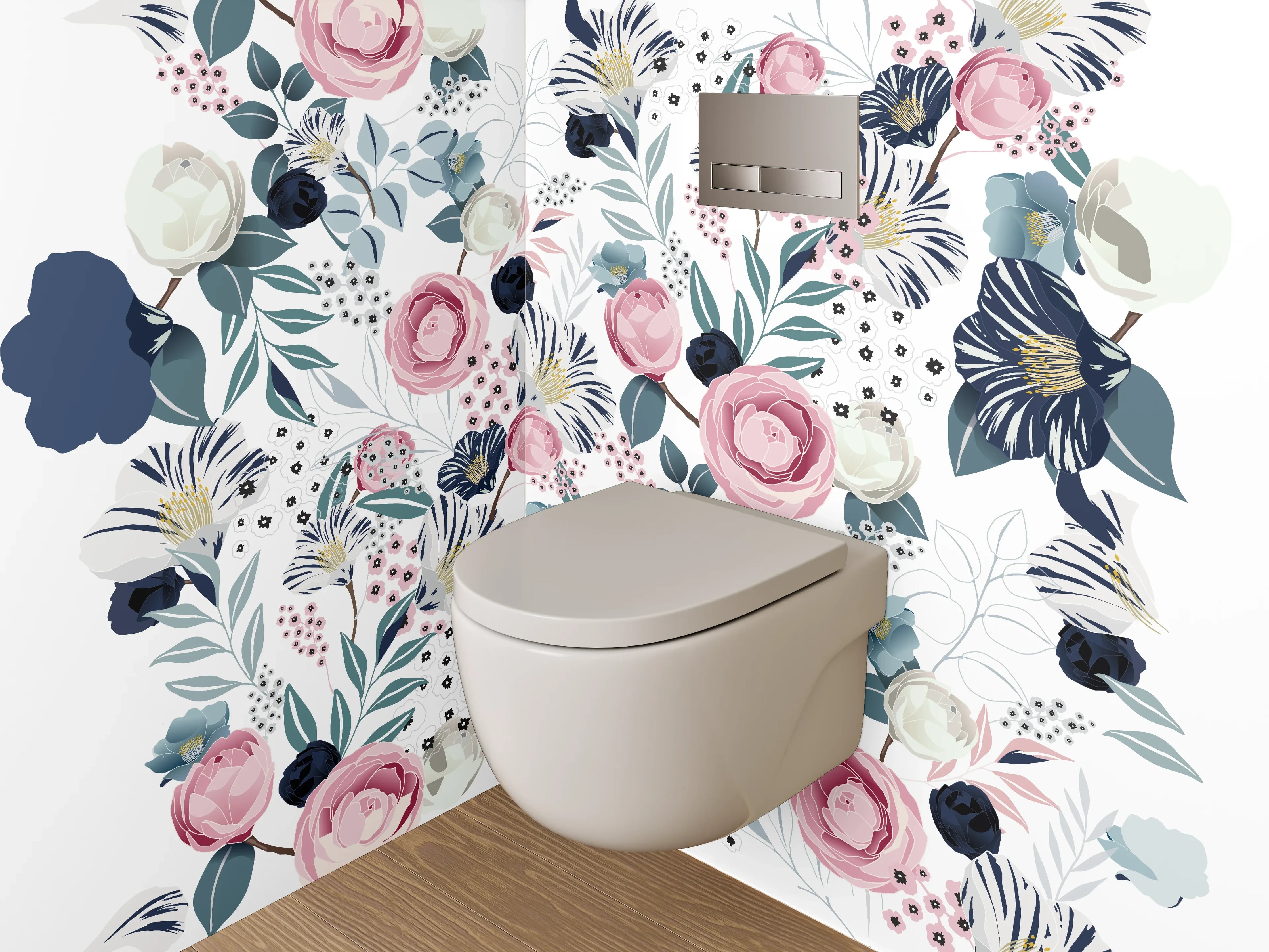 WC-Rückwand - Blumen Aquarell Muster Rosa Blau