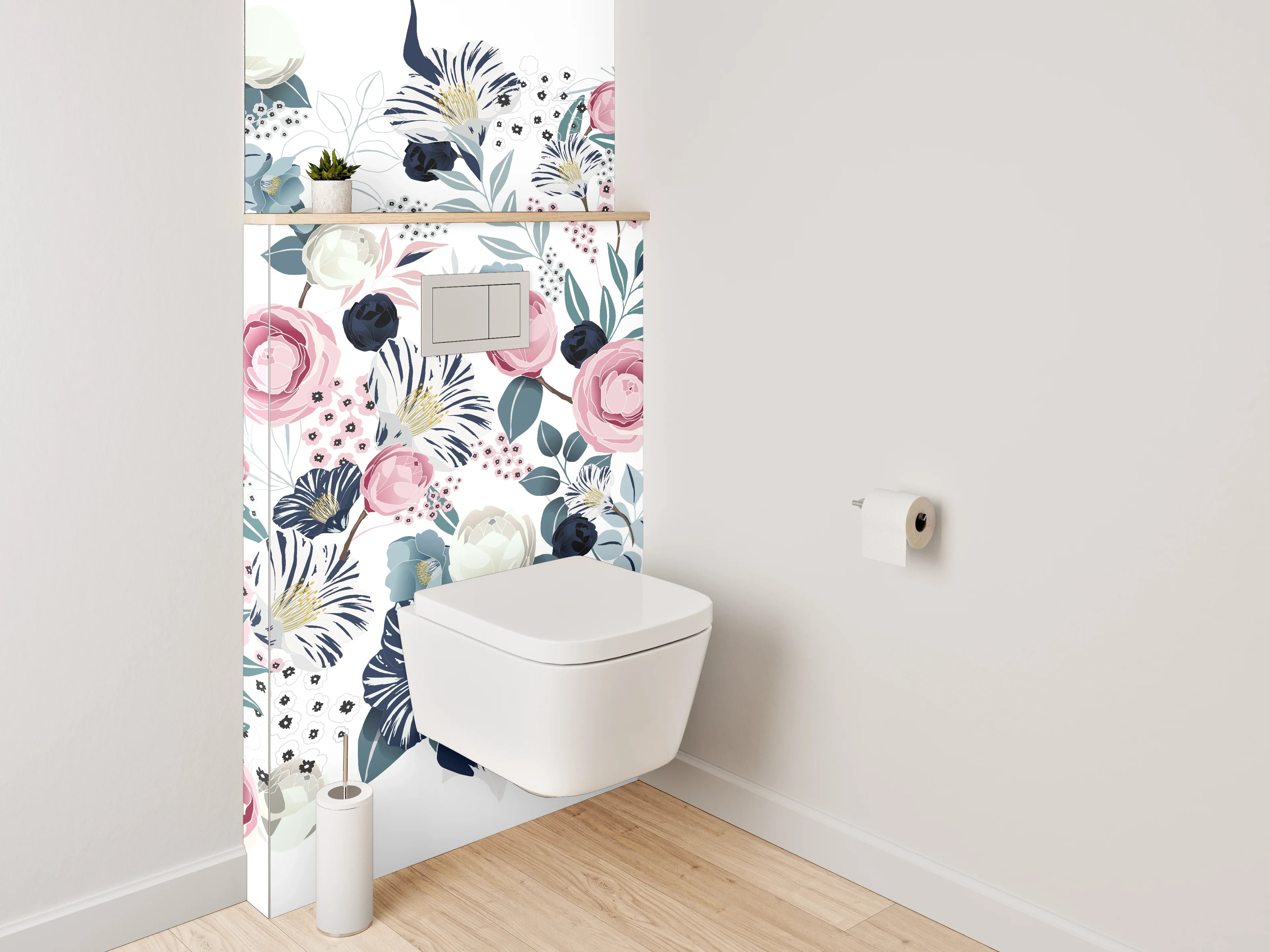 WC-Rückwand - Blumen Aquarell Muster Rosa Blau