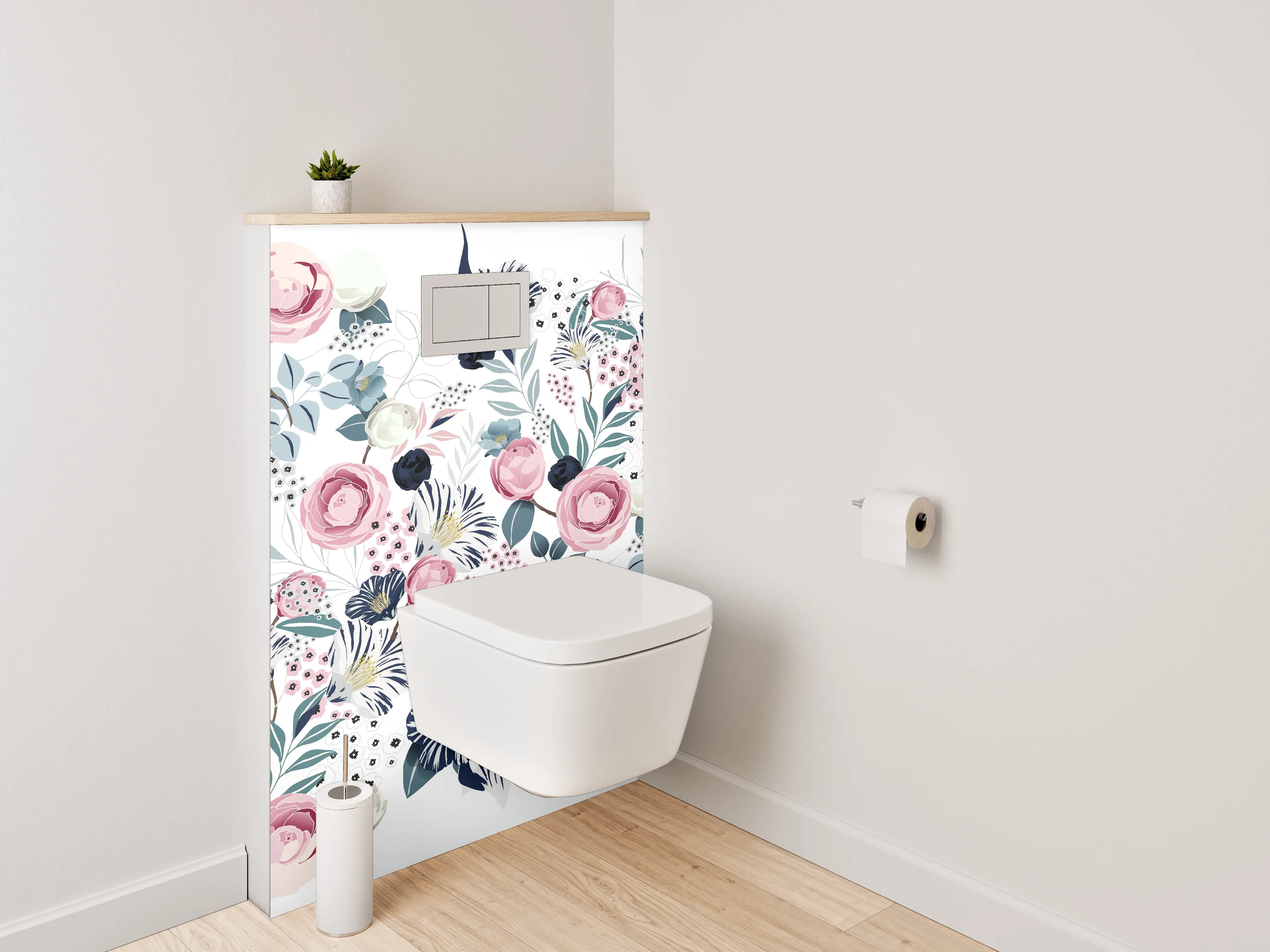 WC-Rückwand - Blumen Aquarell Muster Rosa Blau