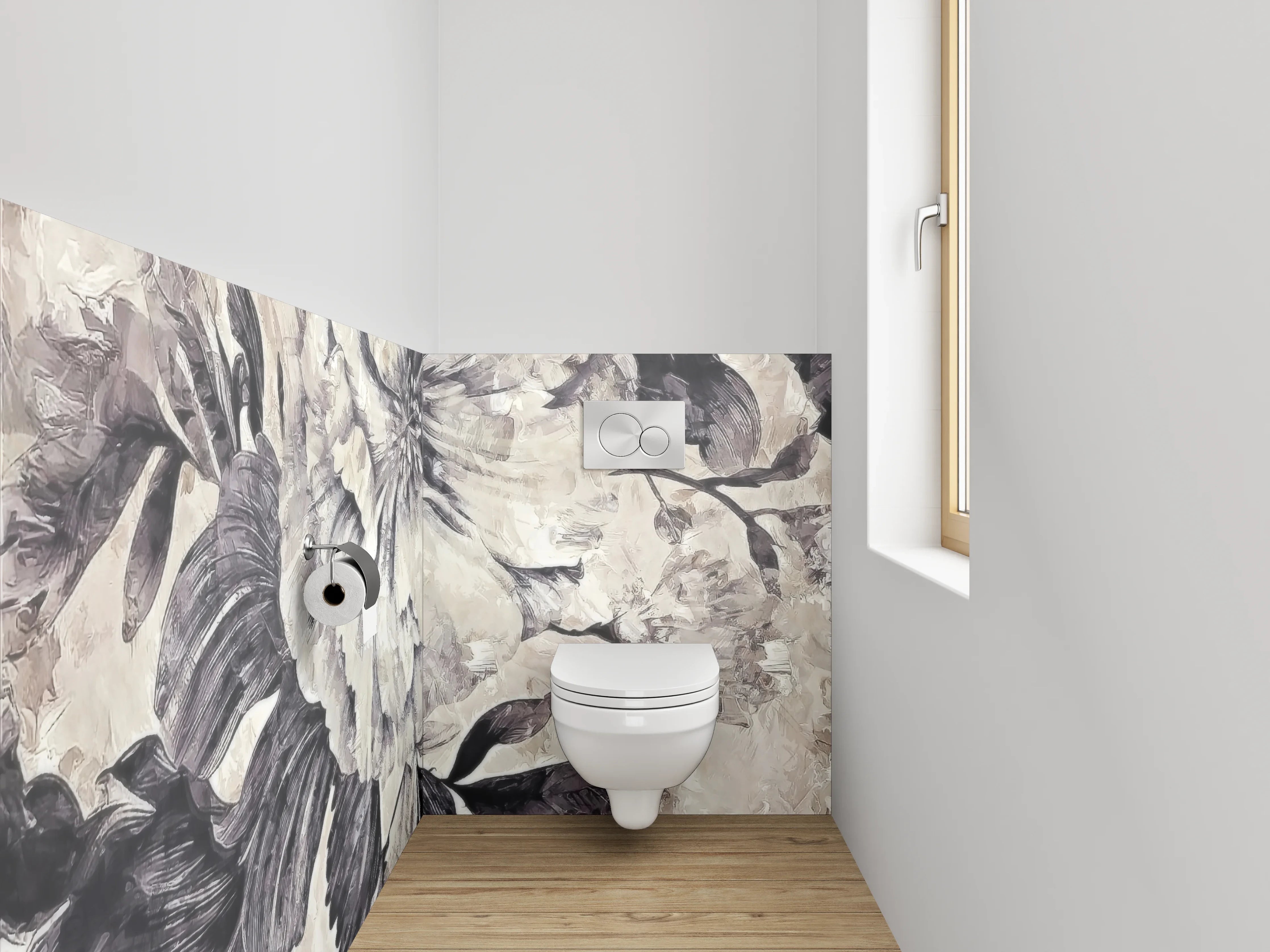 WC-Rückwand - Blumen Aquarell Schwarz-Weiß Beige