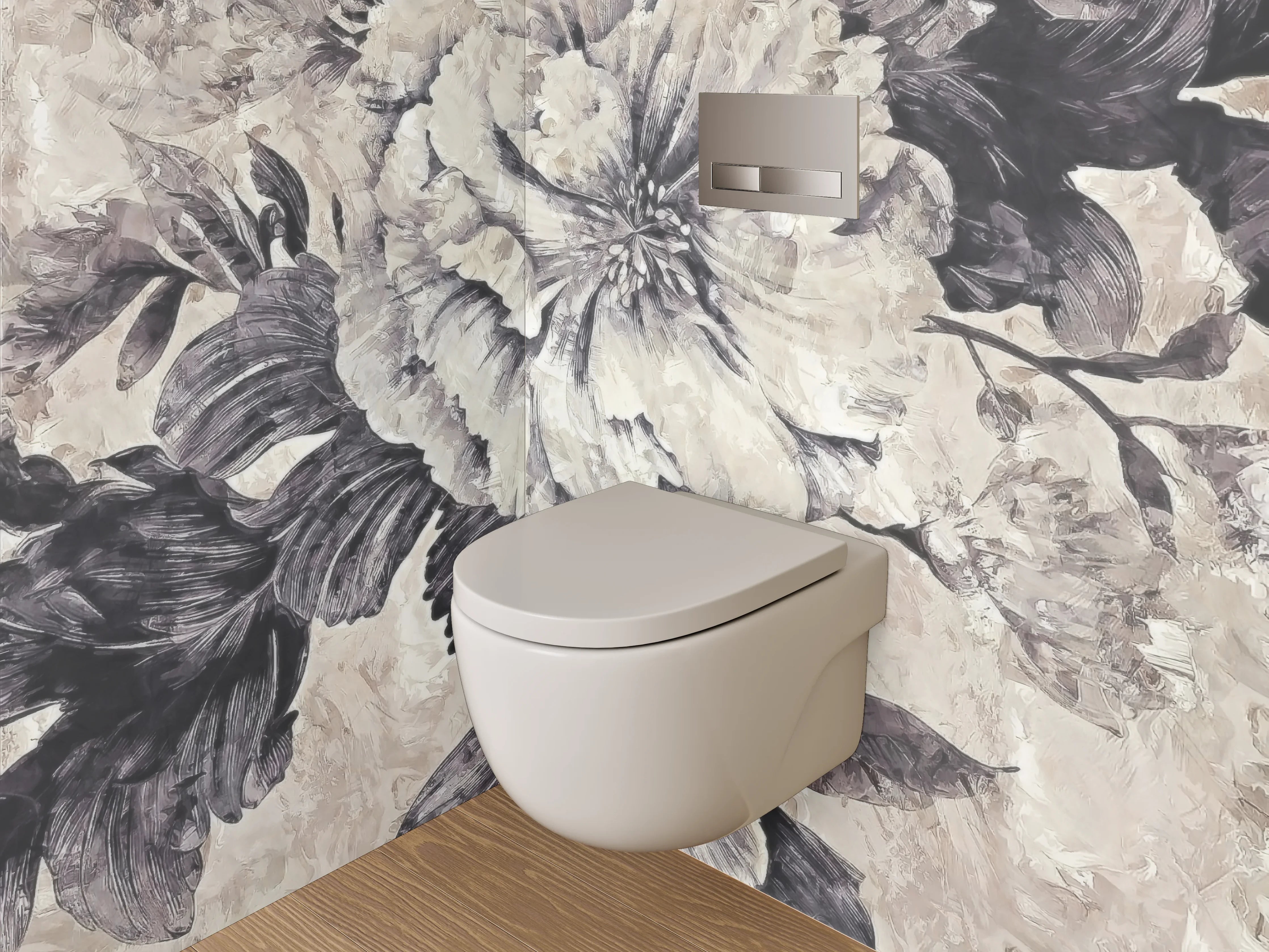 WC-Rückwand - Blumen Aquarell Schwarz-Weiß Beige