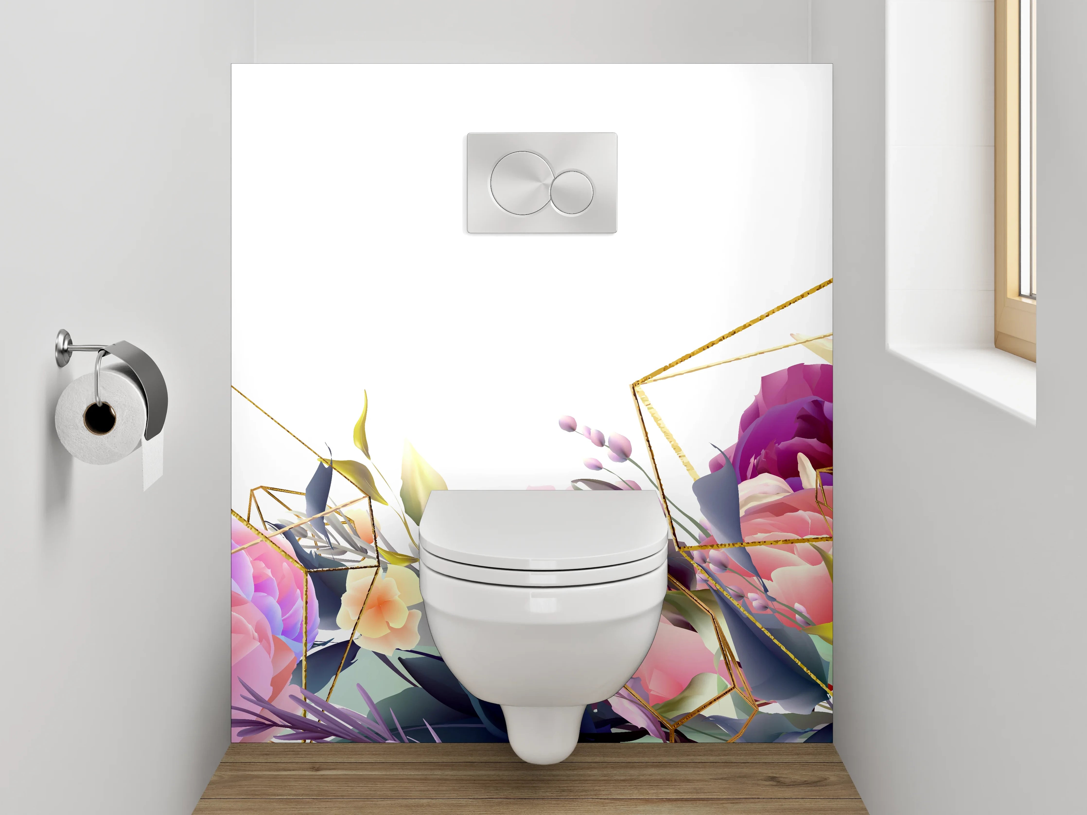 WC-Rückwand - Blumen Aquarell mit Goldgeometrie