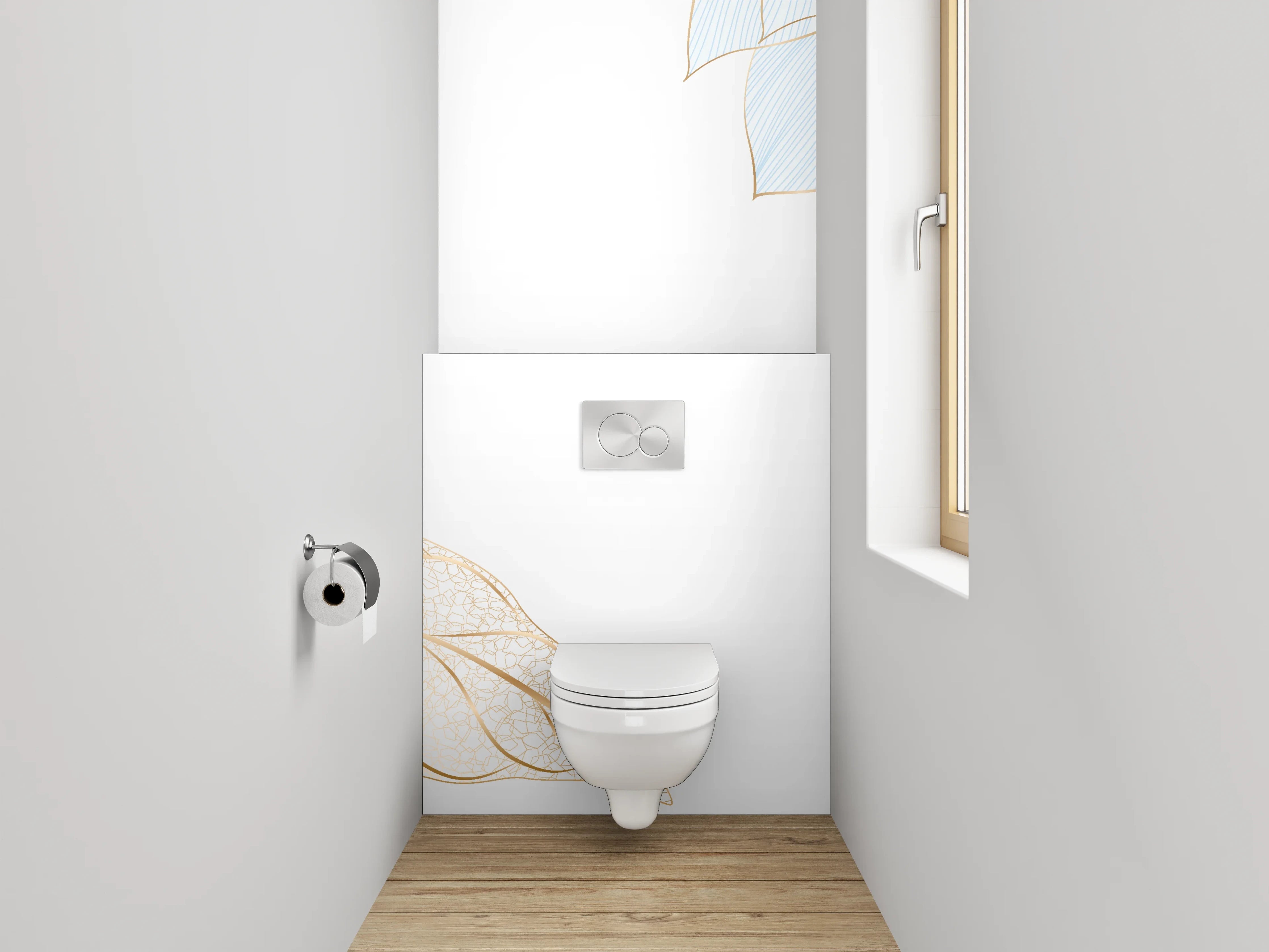 WC-Rückwand - Blumen Skizze Gold Blau Elegant