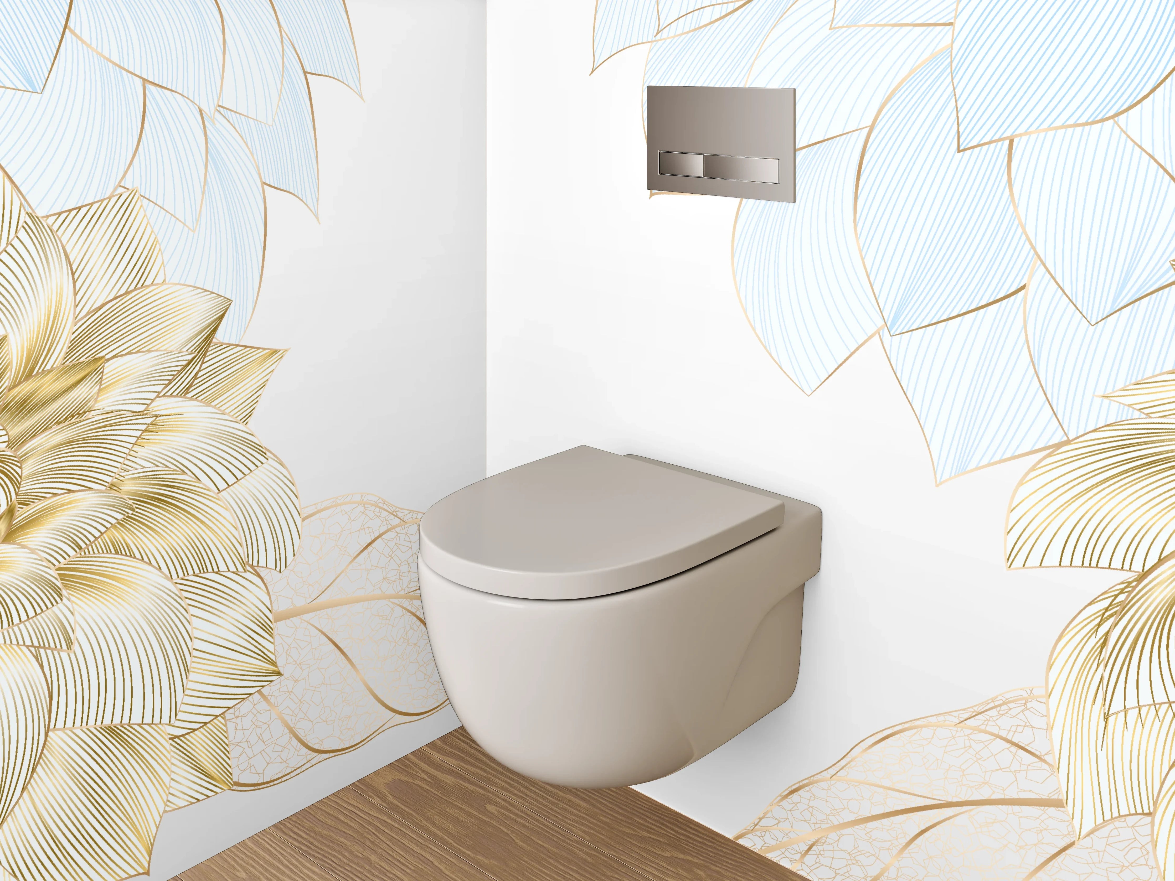 WC-Rückwand - Blumen Skizze Gold Blau Elegant
